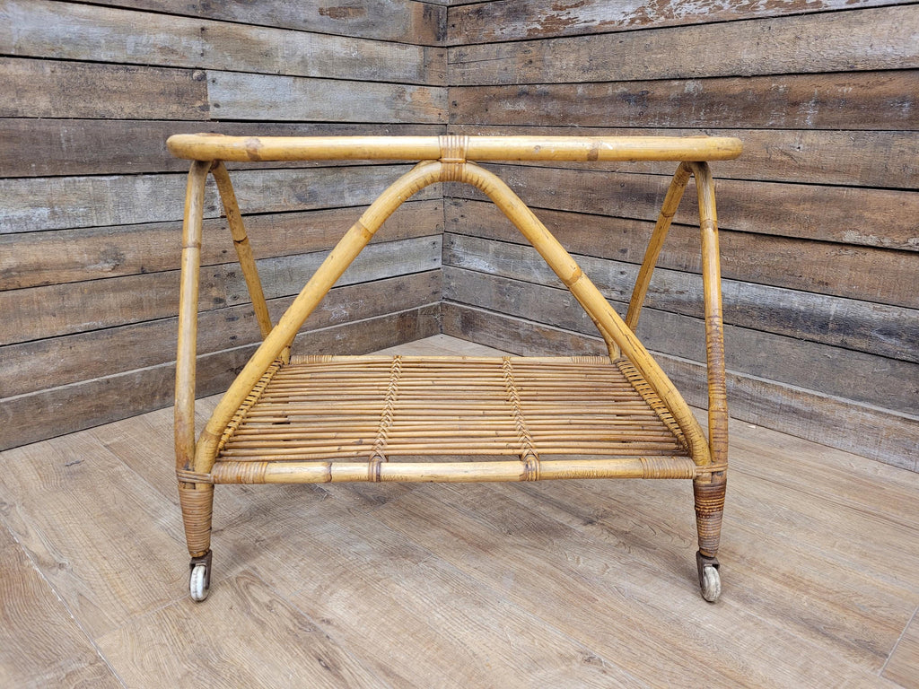 Vintage Rattan Glass Top Bar Cart Bamboo Cocktail Drinks Trolley