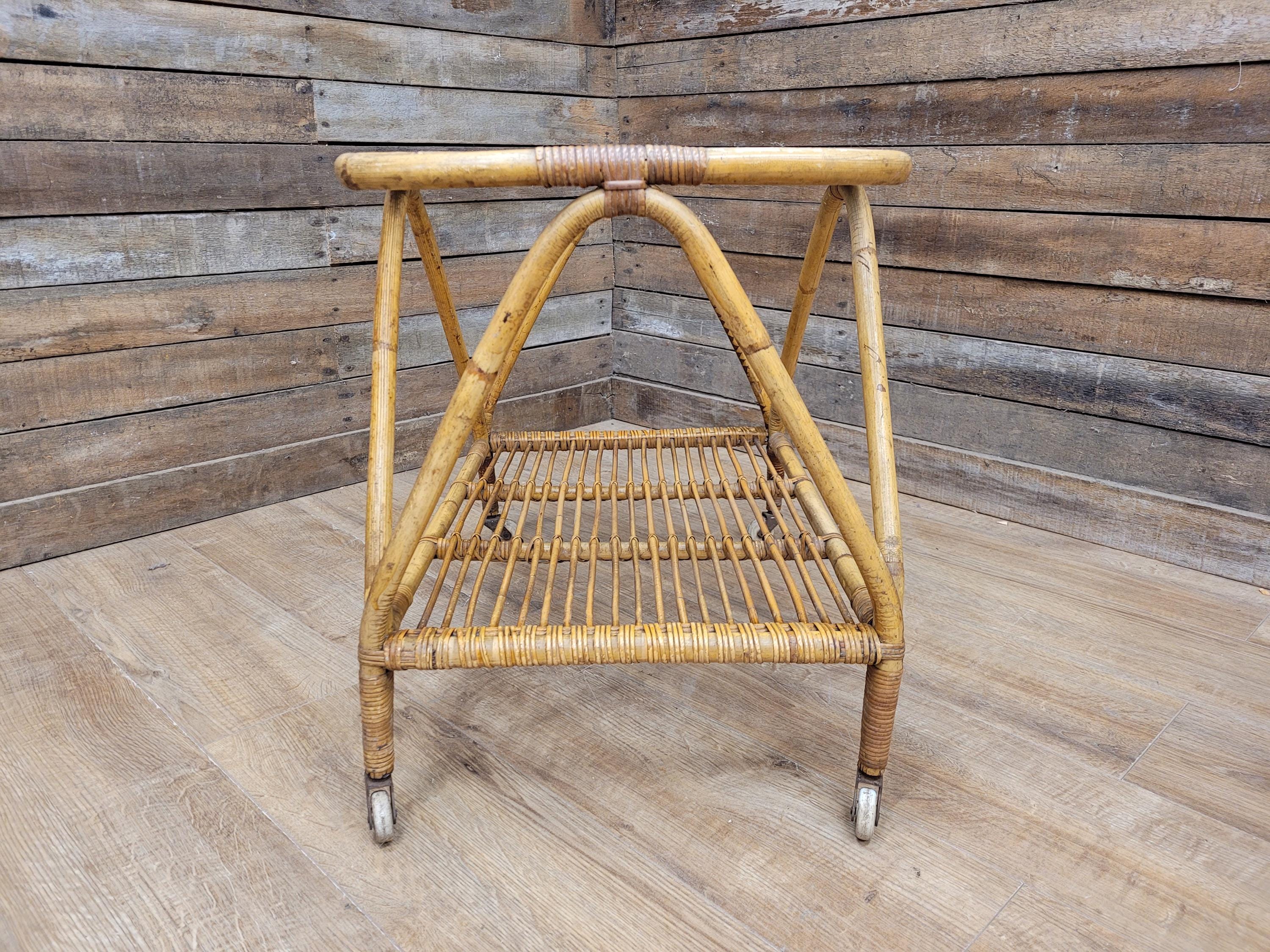 Vintage Rattan Glass Top Bar Cart Bamboo Cocktail Drinks Trolley