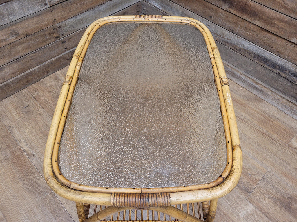 Vintage Rattan Glass Top Bar Cart Bamboo Cocktail Drinks Trolley