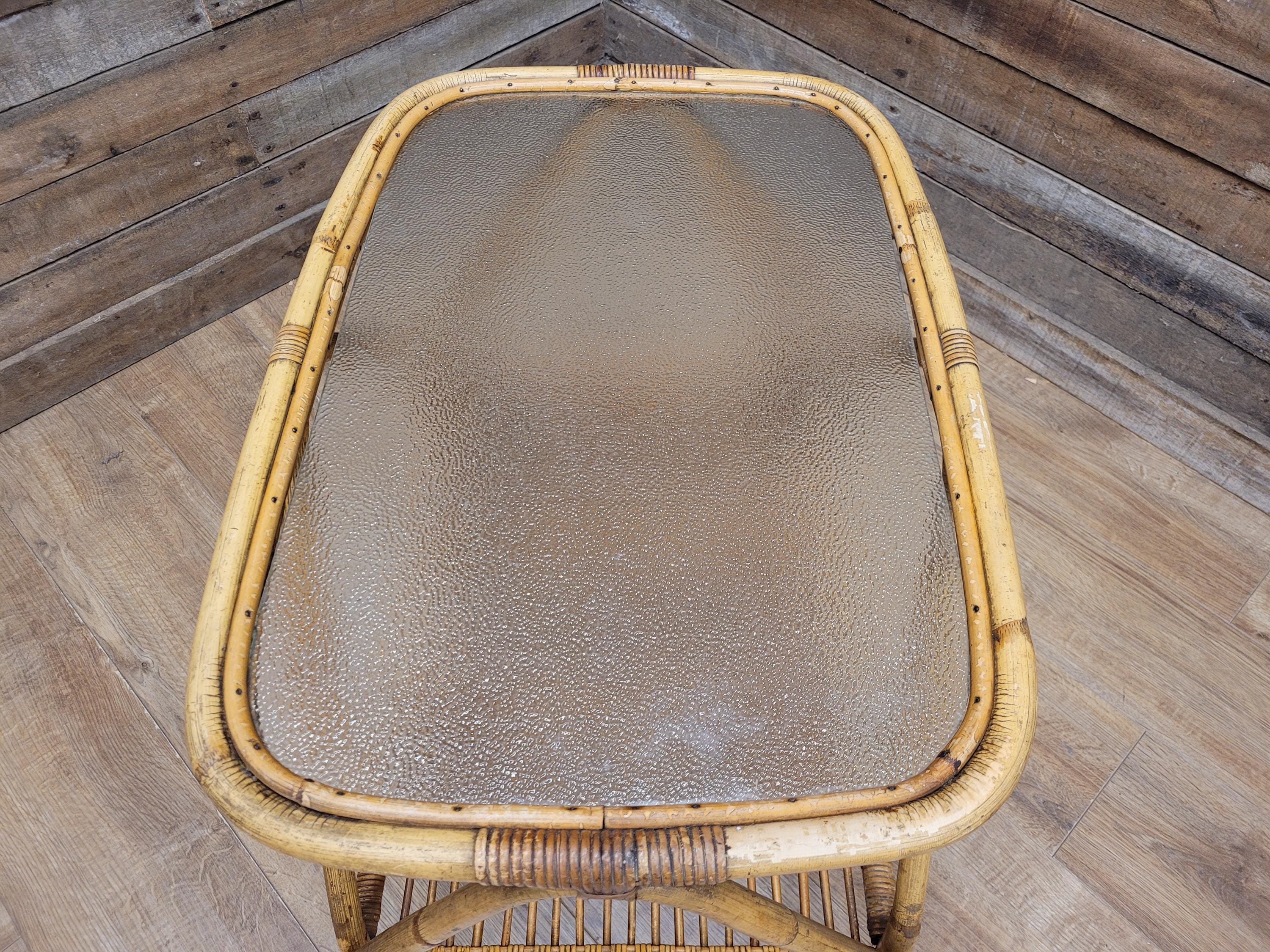 Vintage Rattan Glass Top Bar Cart Bamboo Cocktail Drinks Trolley