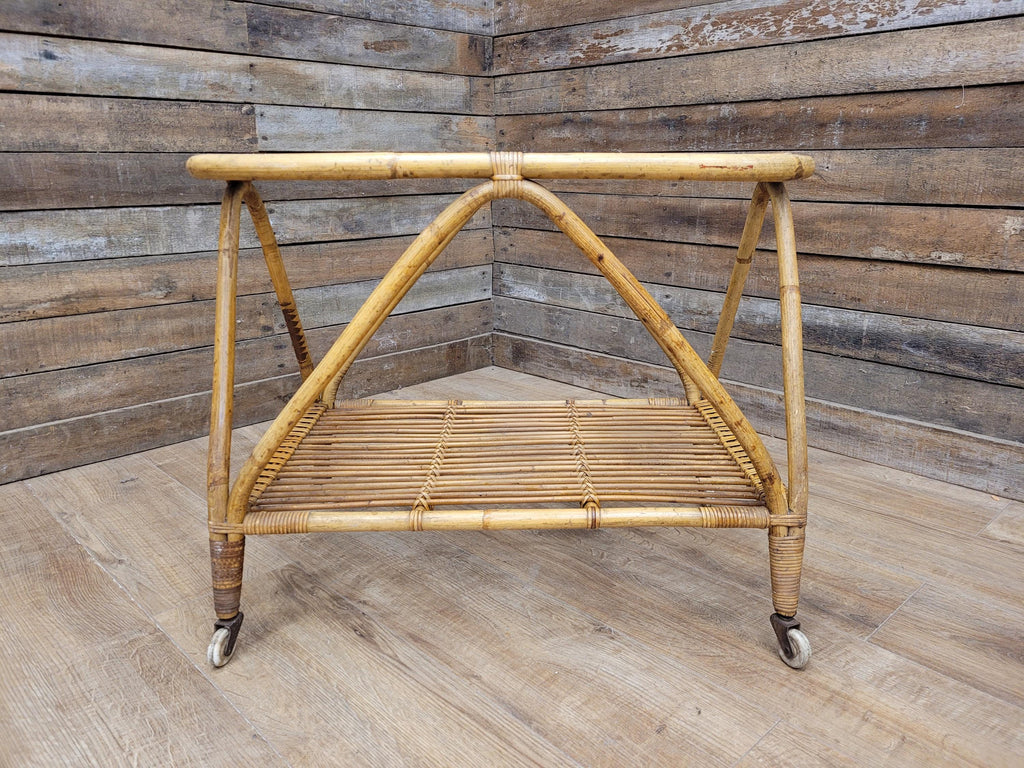 Vintage Rattan Glass Top Bar Cart Bamboo Cocktail Drinks Trolley