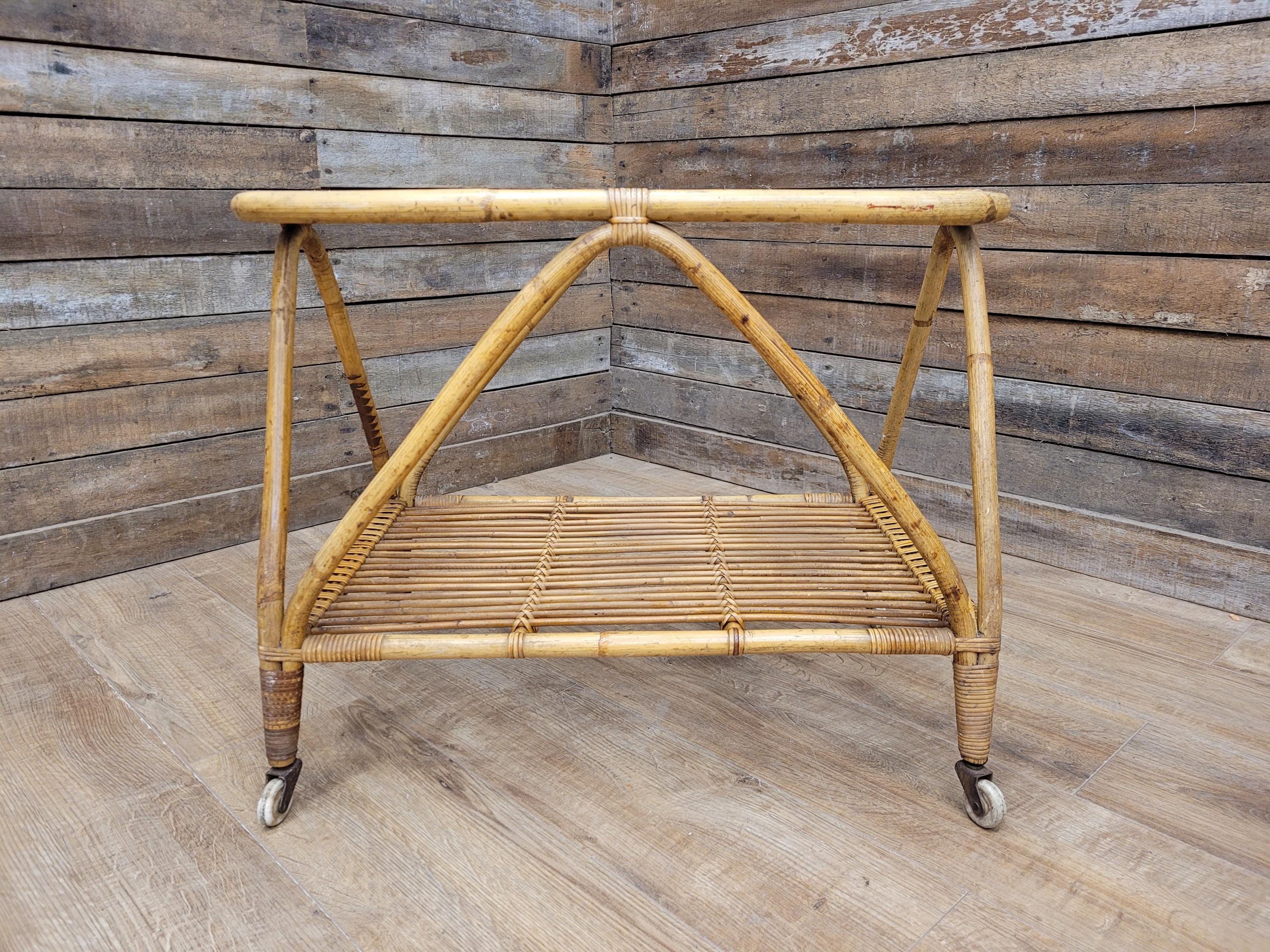 Vintage Rattan Glass Top Bar Cart Bamboo Cocktail Drinks Trolley