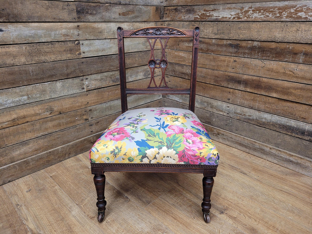 Antique Edwardian Carved Back Saloon Chair Padded Seat Ceramic Casters