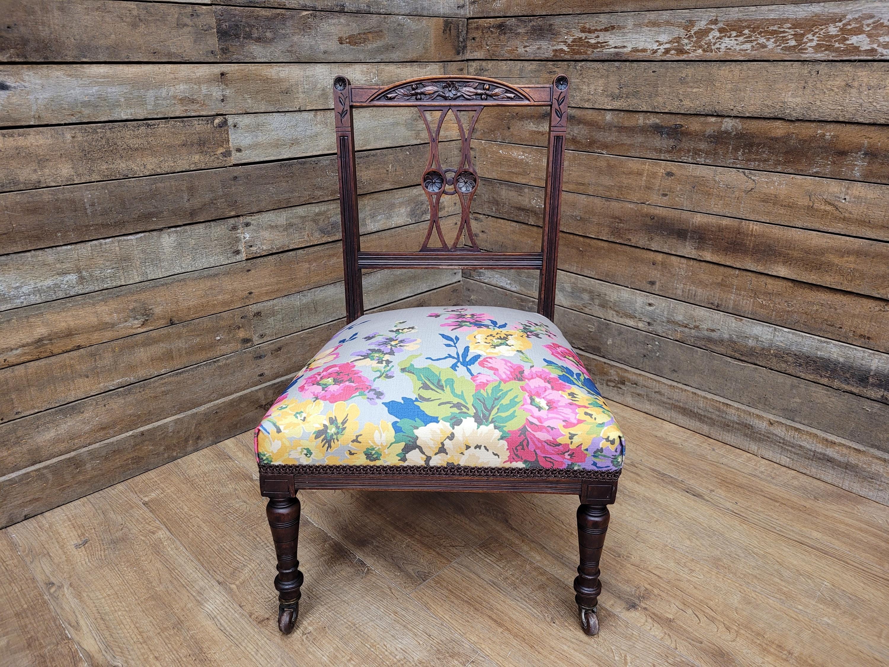 Antique Edwardian Carved Back Saloon Chair Padded Seat Ceramic Casters