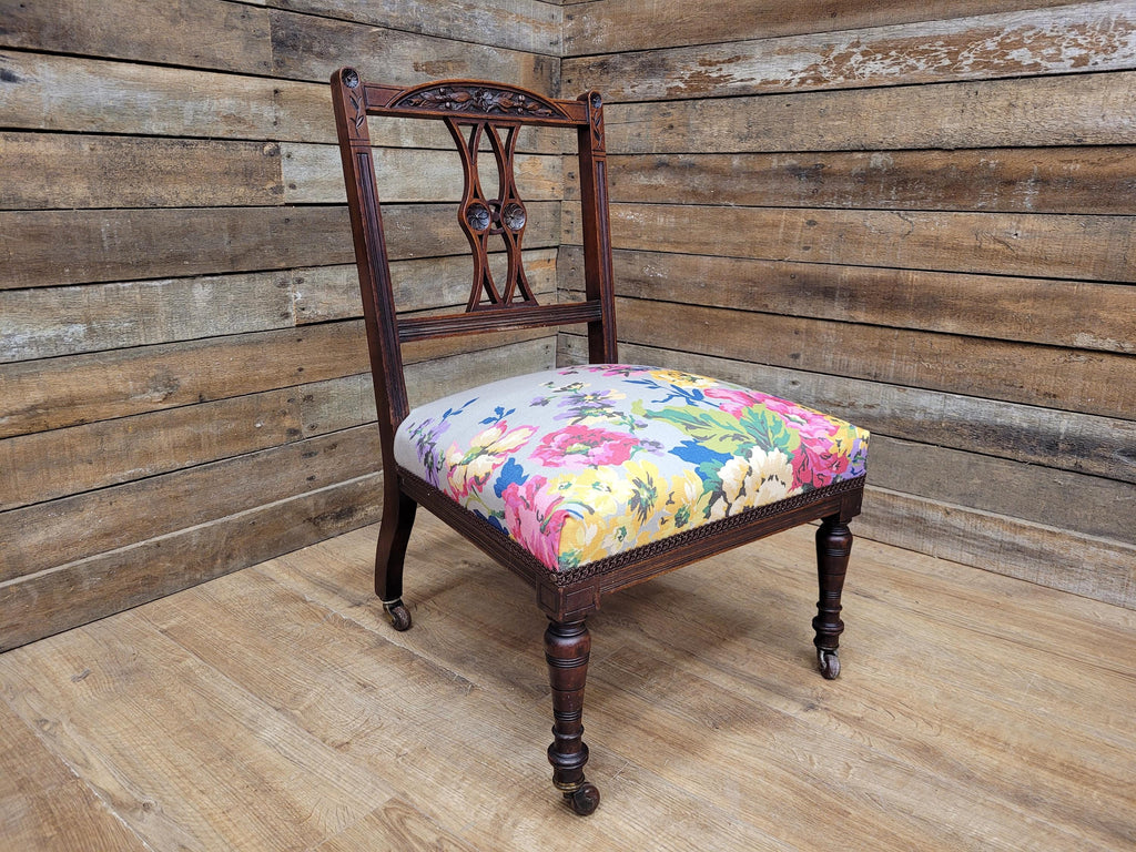 Antique Edwardian Carved Back Saloon Chair Padded Seat Ceramic Casters