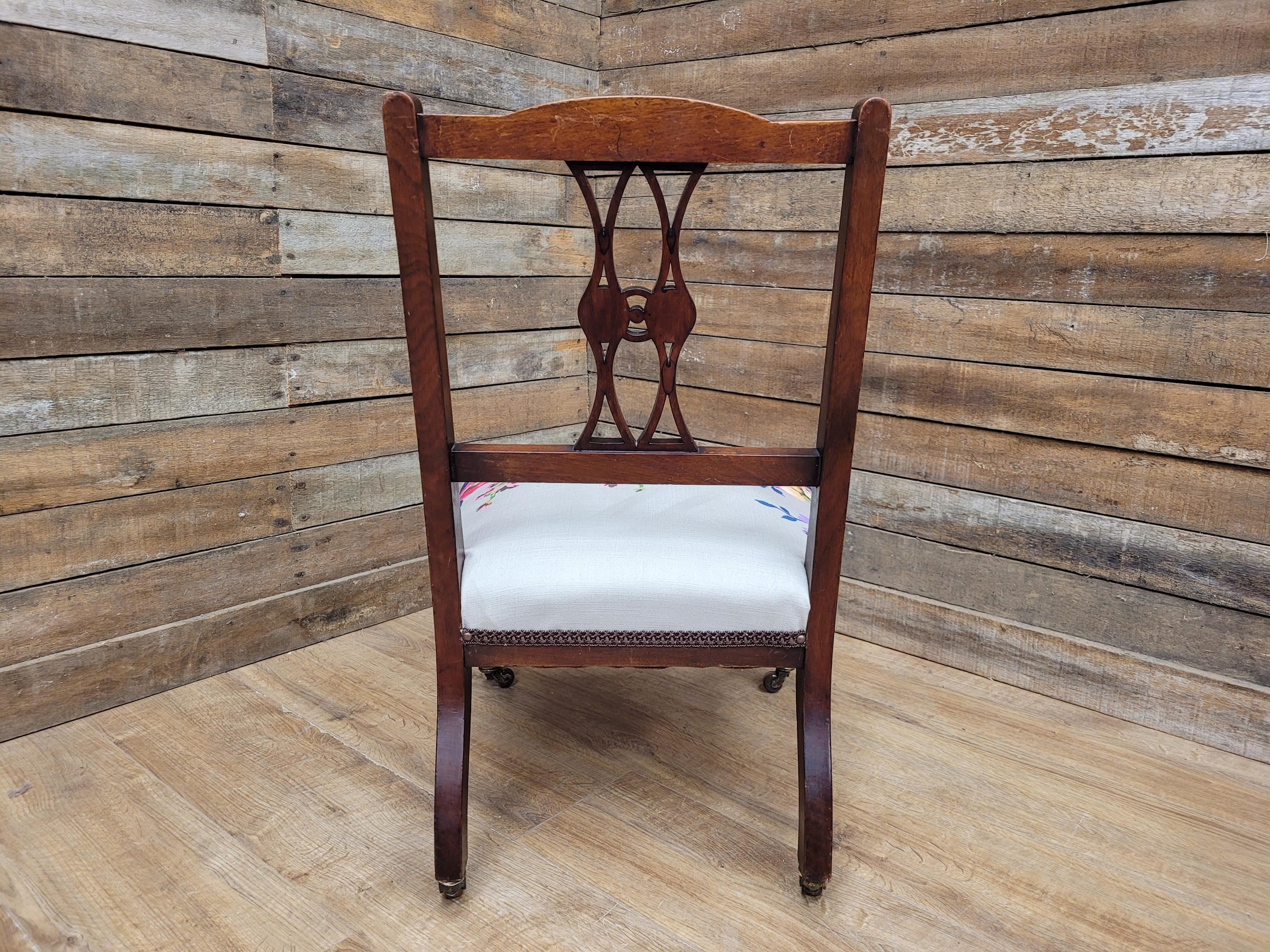 Antique Edwardian Carved Back Saloon Chair Padded Seat Ceramic Casters
