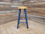 Vintage Solid Pine Round Stool Hand Painted Waxed Bar Stool Midnight Blue
