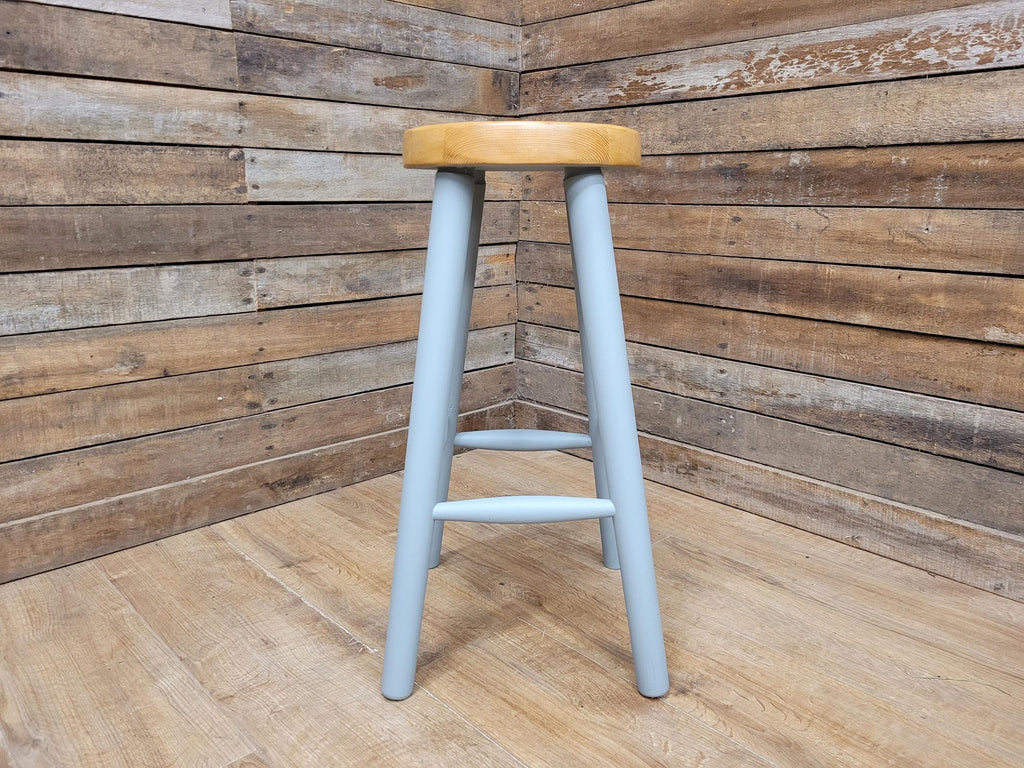 Vintage Round Solid Pine Stool Hand Painted Grey Waxed Bar Stool