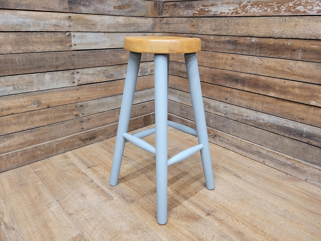Vintage Round Solid Pine Stool Hand Painted Grey Waxed Bar Stool