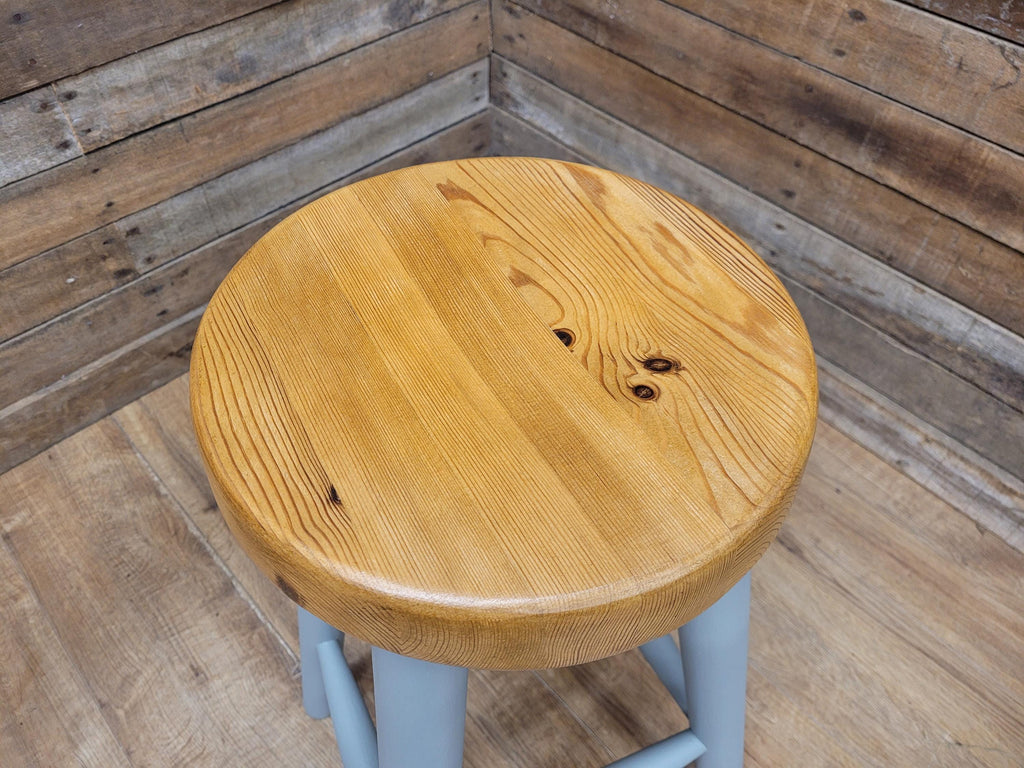 Vintage Round Solid Pine Stool Hand Painted Grey Waxed Bar Stool