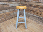 Vintage Round Solid Pine Stool Hand Painted Grey Waxed Bar Stool