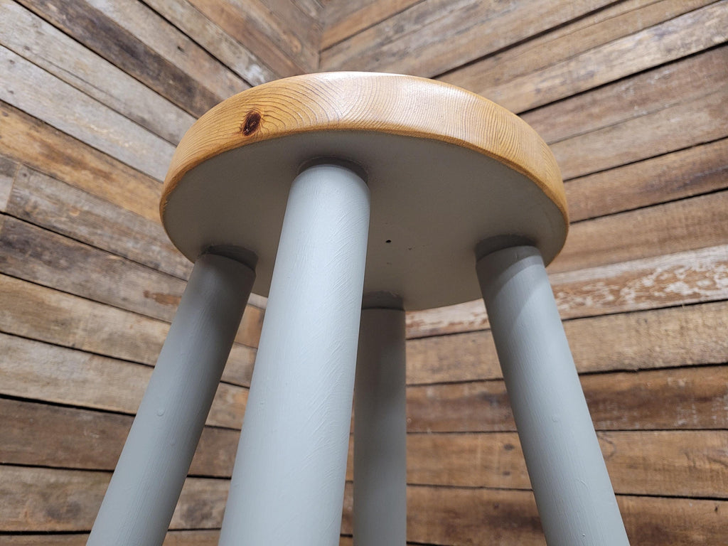 Vintage Round Solid Pine Stool Hand Painted Grey Waxed Bar Stool