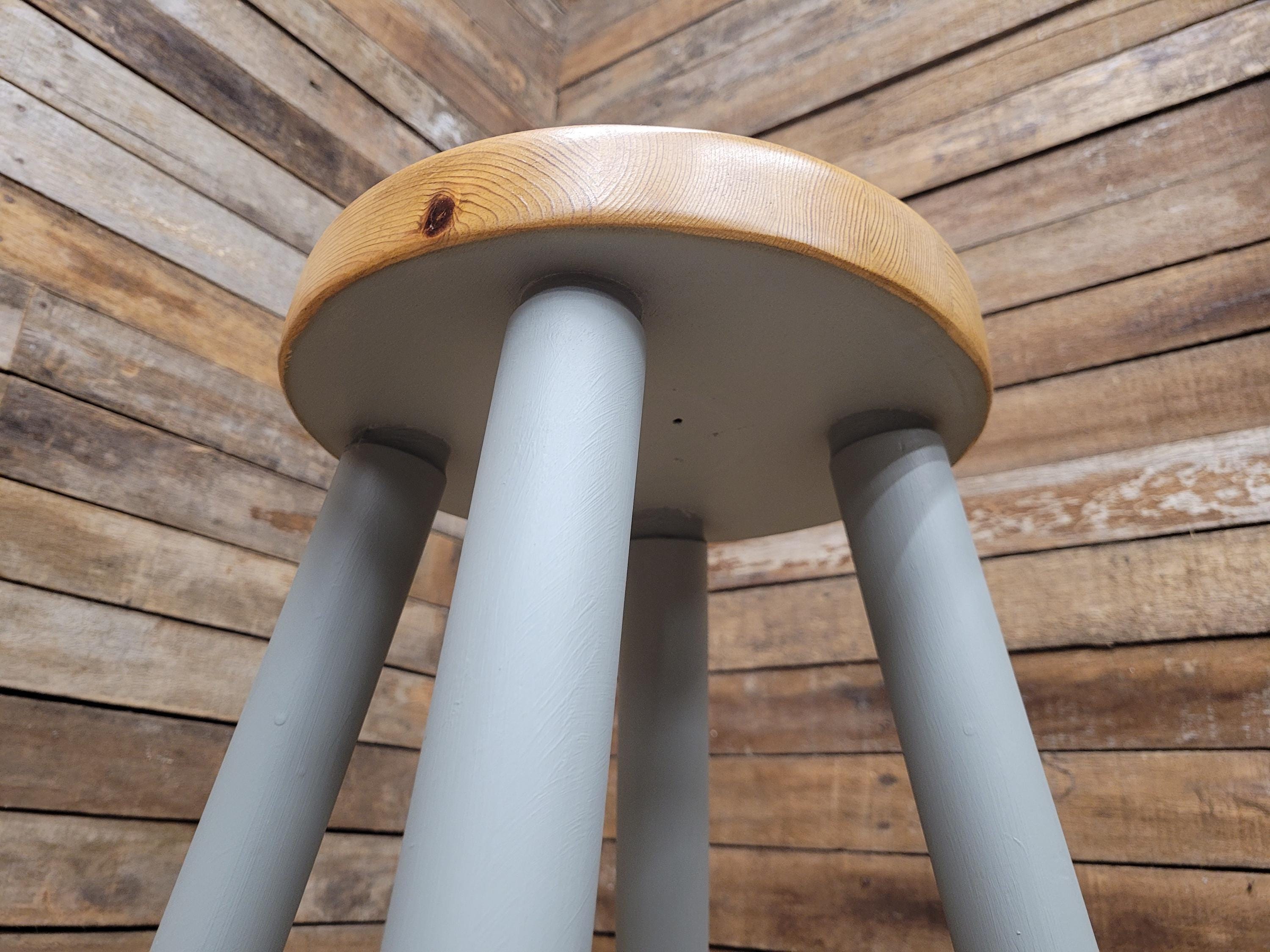 Vintage Round Solid Pine Stool Hand Painted Grey Waxed Bar Stool