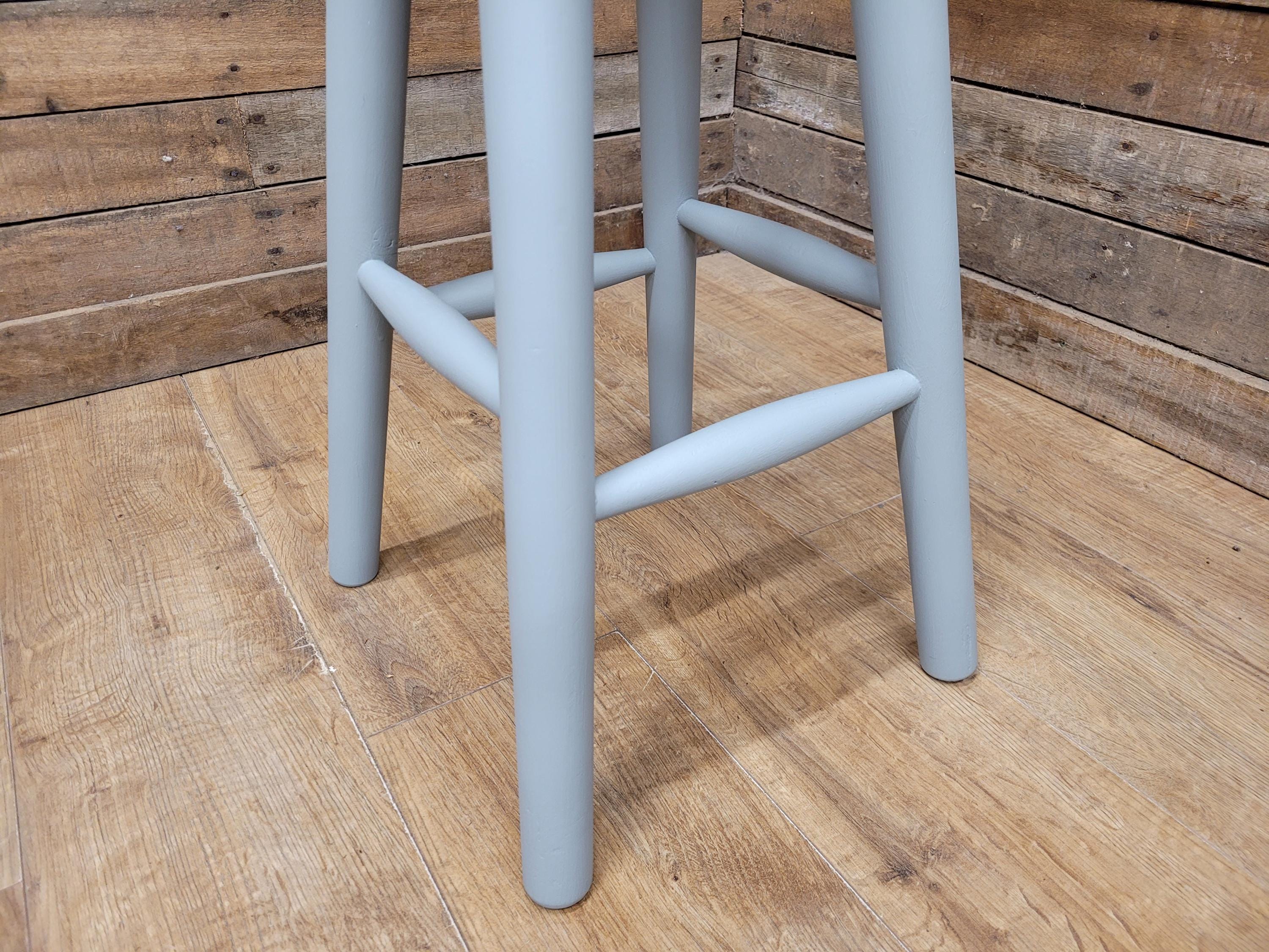 Vintage Round Solid Pine Stool Hand Painted Grey Waxed Bar Stool