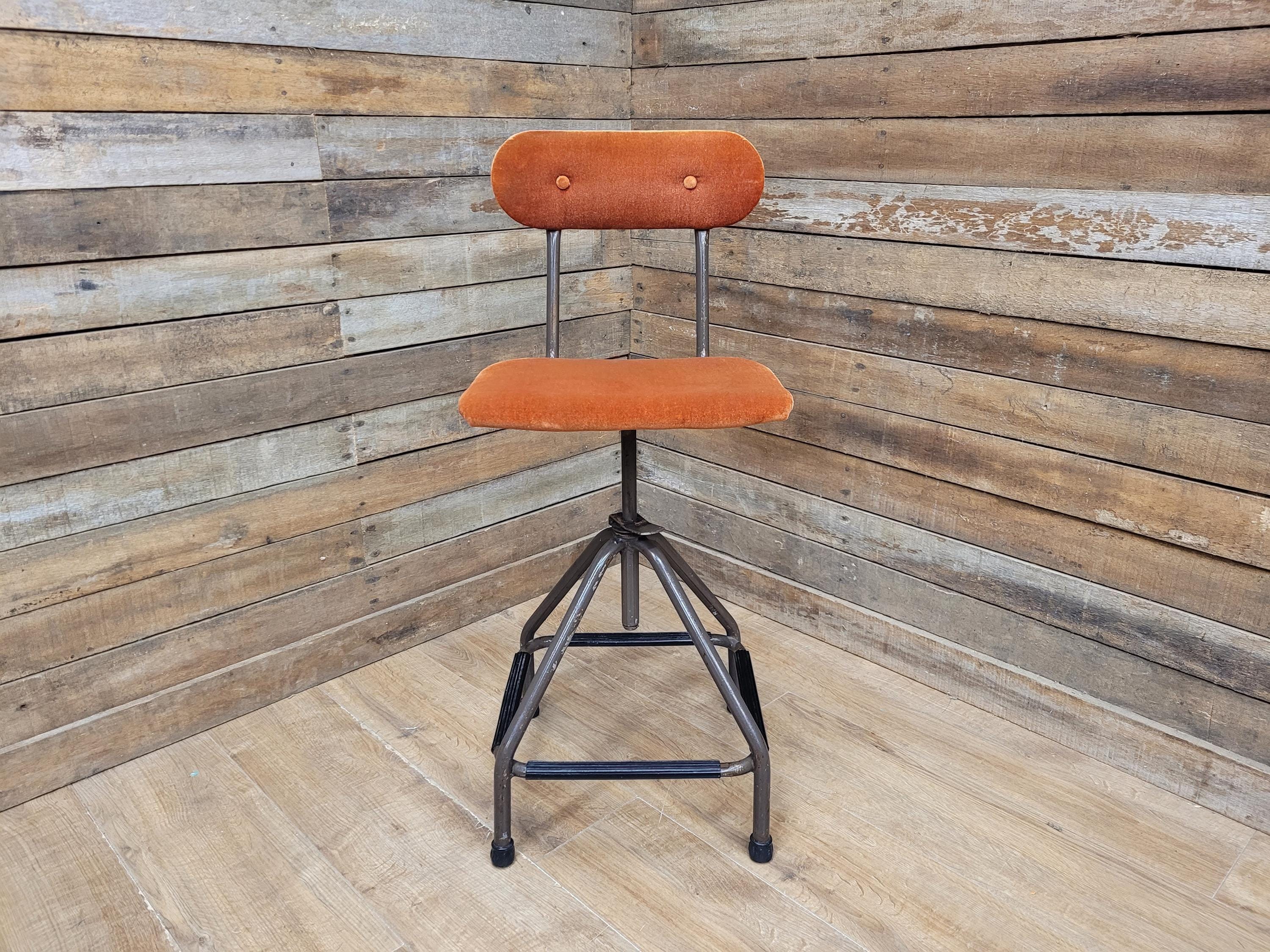 Vintage Industrial Metal Stool with Rust Velvet Seat Mid Century Style