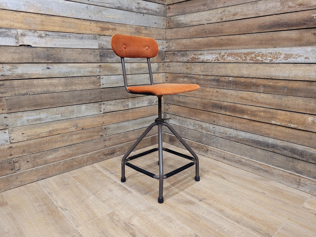 Vintage Industrial Metal Stool with Rust Velvet Seat Mid Century Style