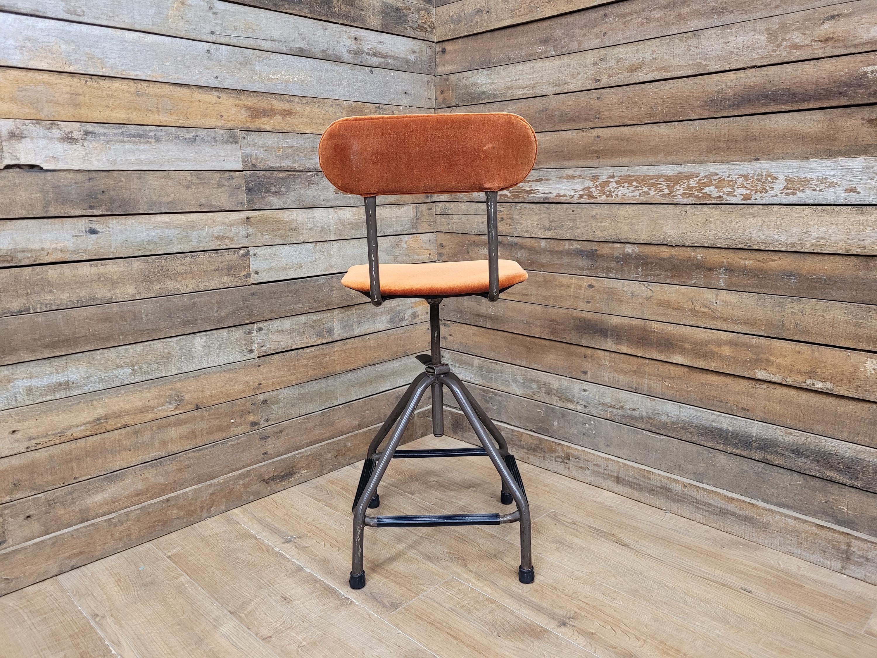 Vintage Industrial Metal Stool with Rust Velvet Seat Mid Century Style