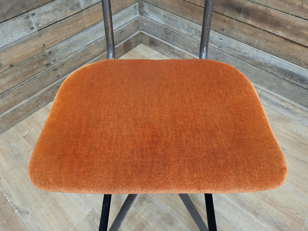 Vintage Industrial Metal Stool with Rust Velvet Seat Mid Century Style