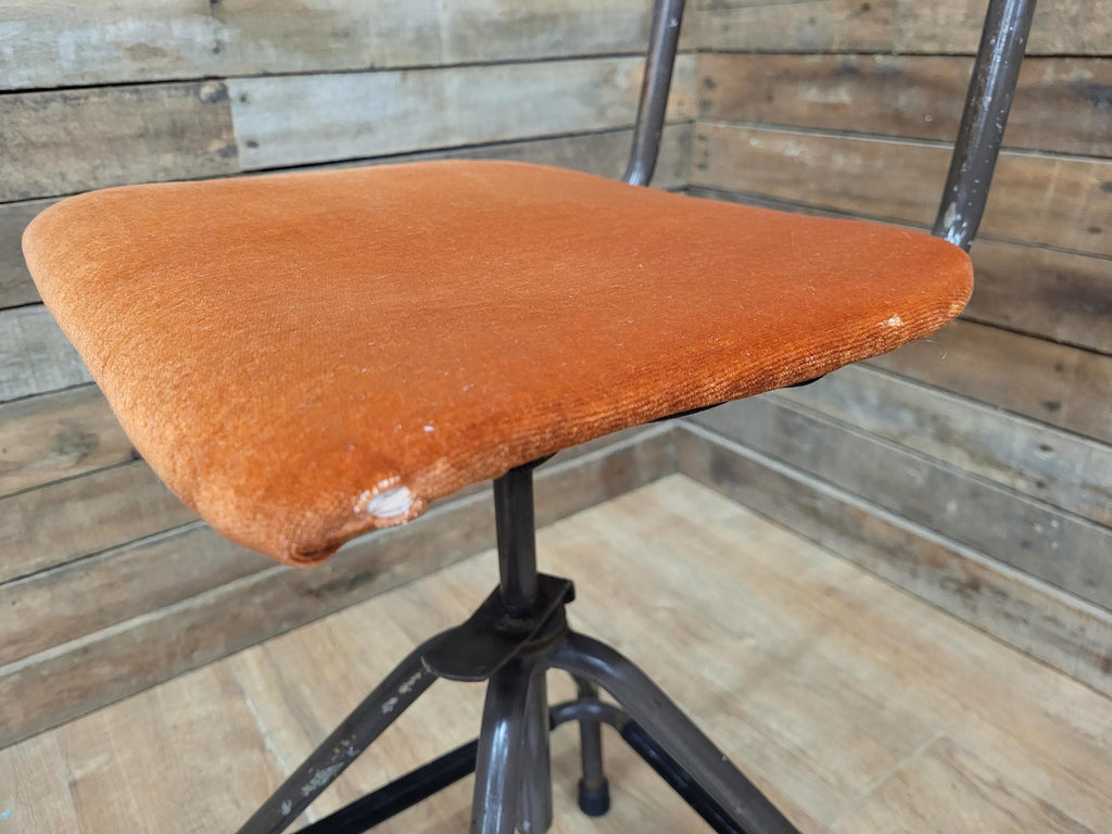 Vintage Industrial Metal Stool with Rust Velvet Seat Mid Century Style