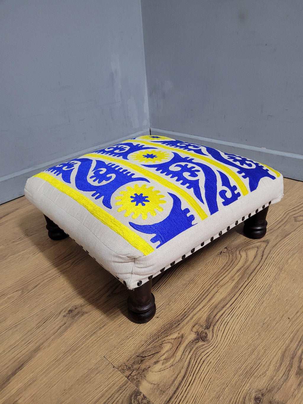 Vintage Country House BoHo Footstool Colourful Hippie Fabric Turned Legs