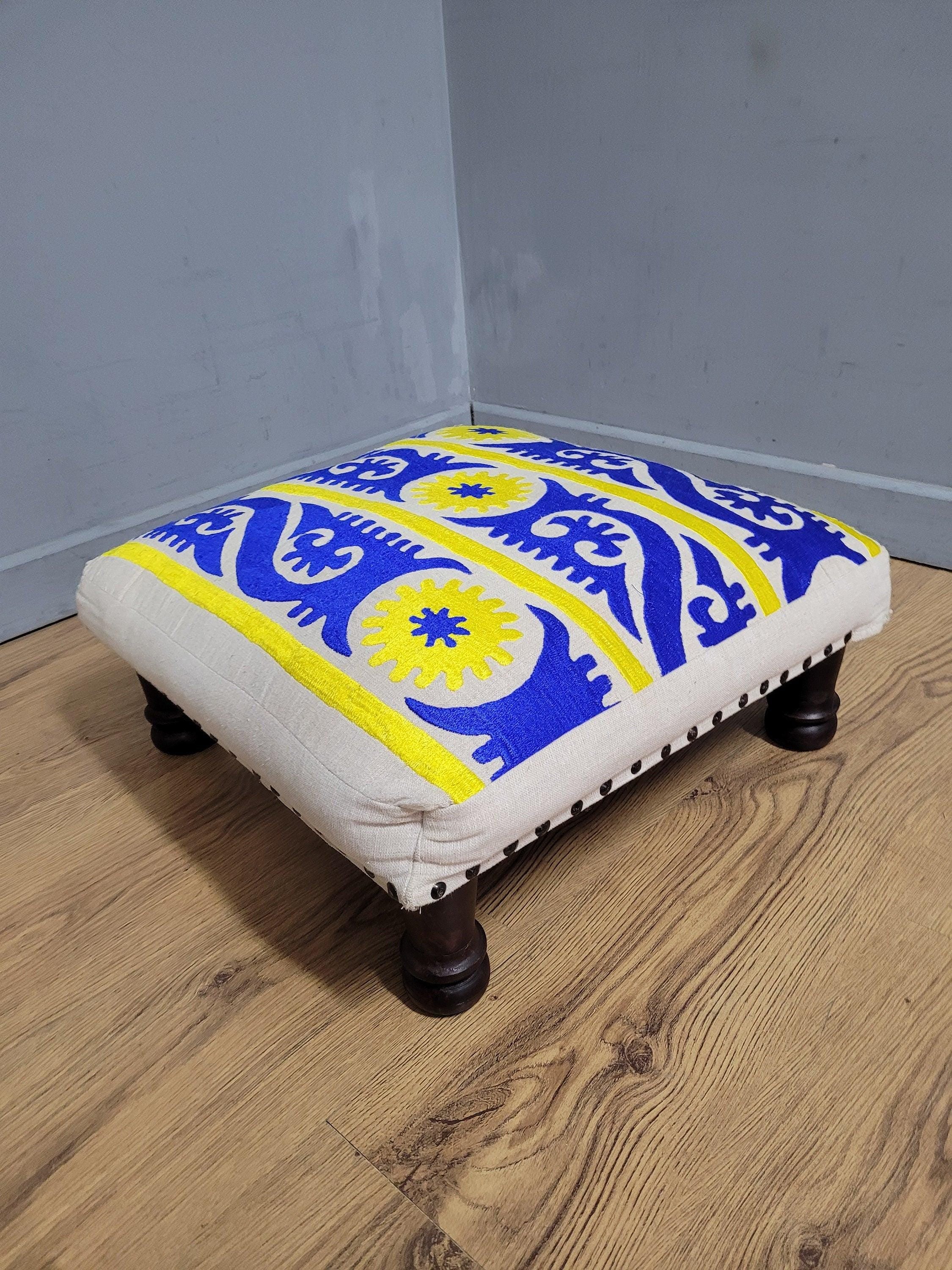 Vintage Country House BoHo Footstool Colourful Hippie Fabric Turned Legs