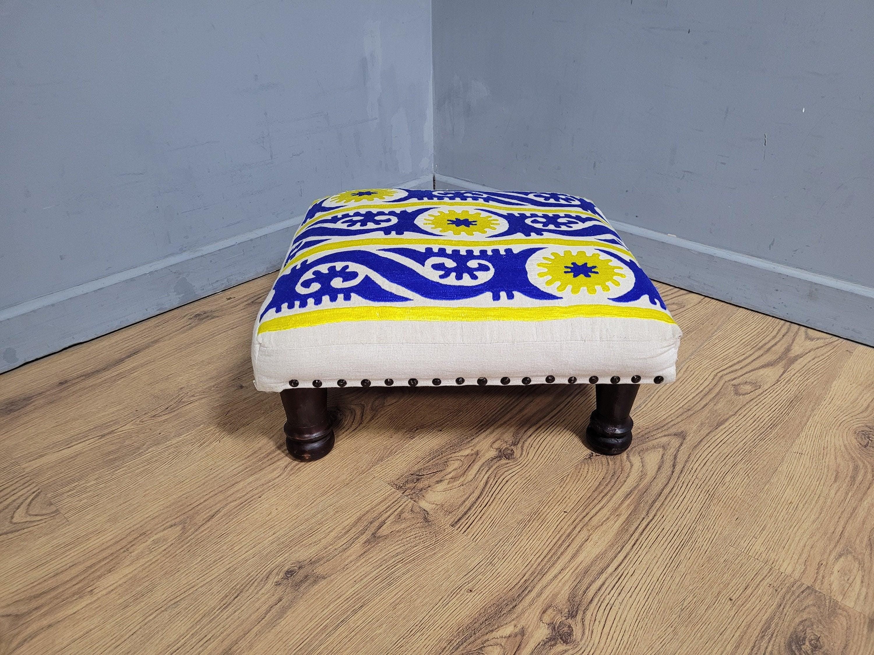 Vintage Country House BoHo Footstool Colourful Hippie Fabric Turned Legs