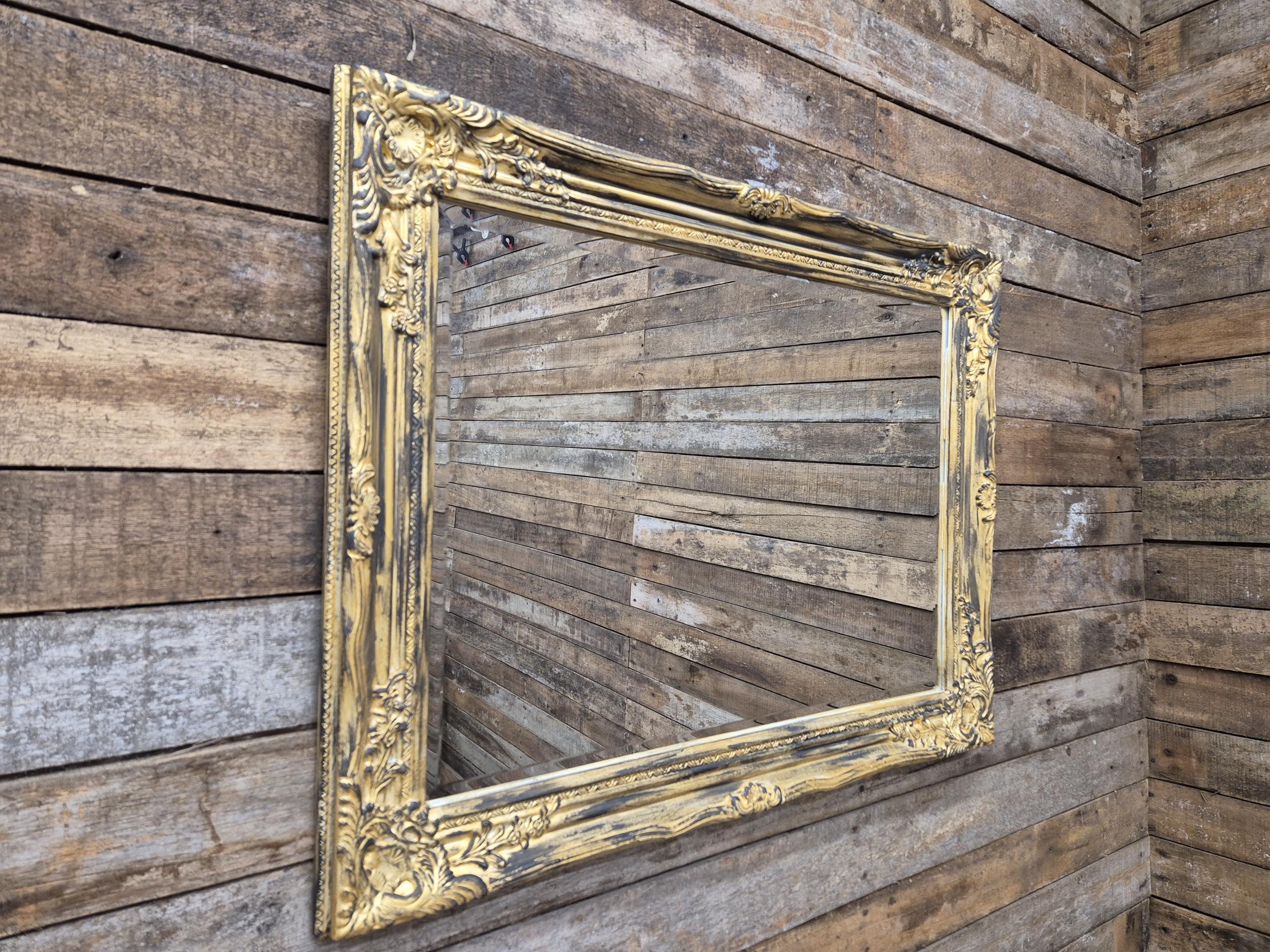 Vintage Distressed Gold & Black Framed Bevel Edged Over Mantle Wall Mirror