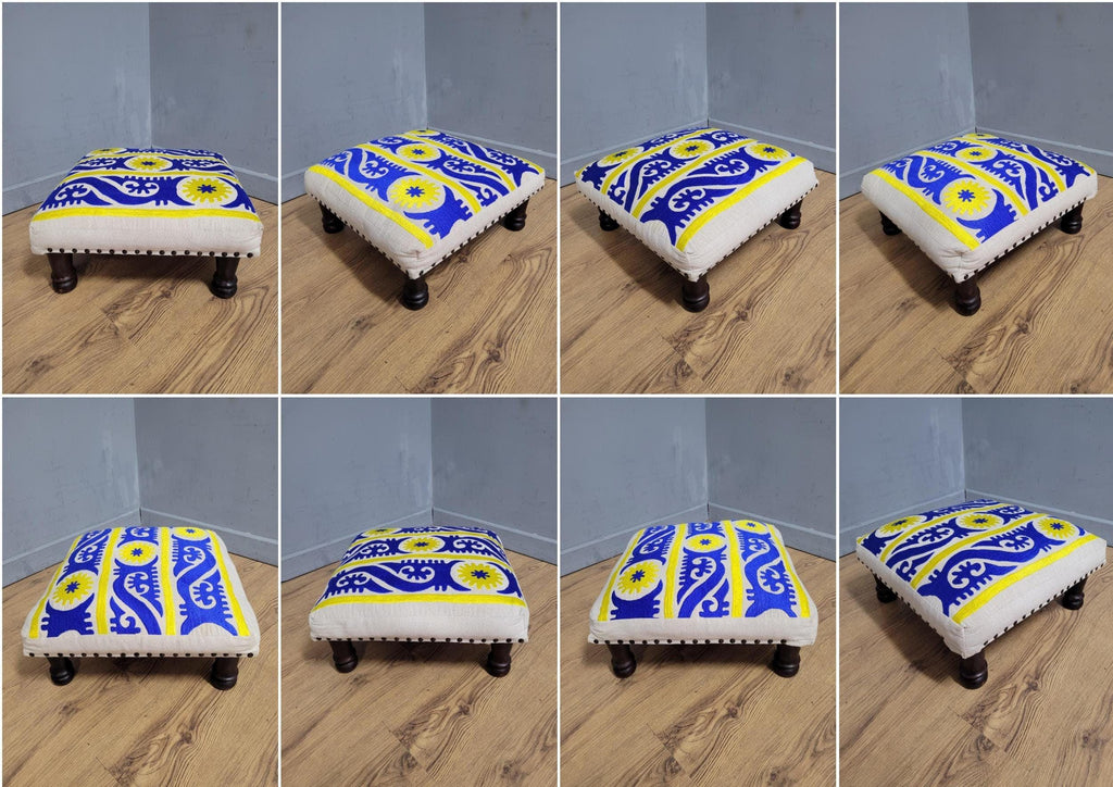 Vintage Country House BoHo Footstool Colourful Hippie Fabric Turned Legs