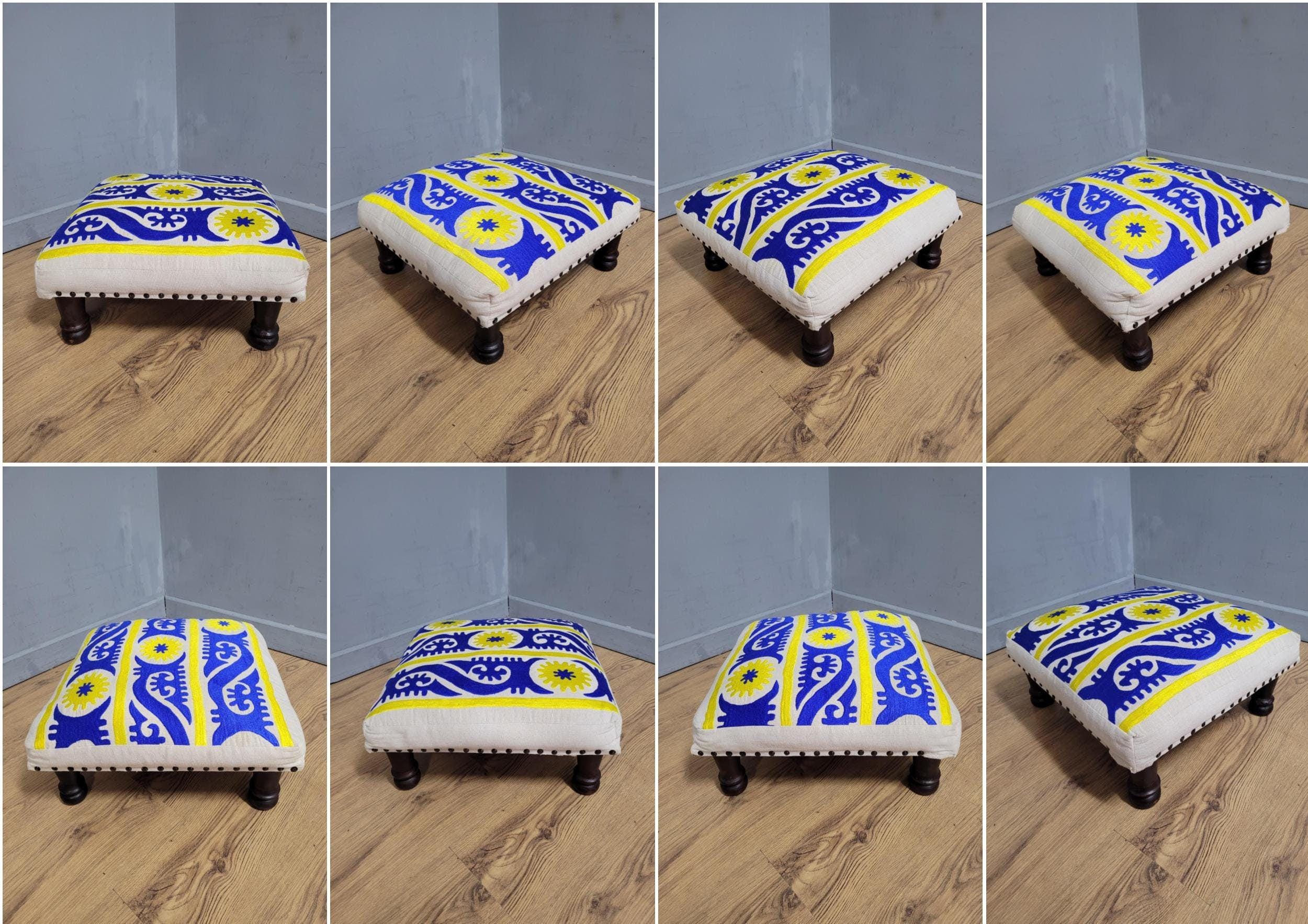 Vintage Country House BoHo Footstool Colourful Hippie Fabric Turned Legs
