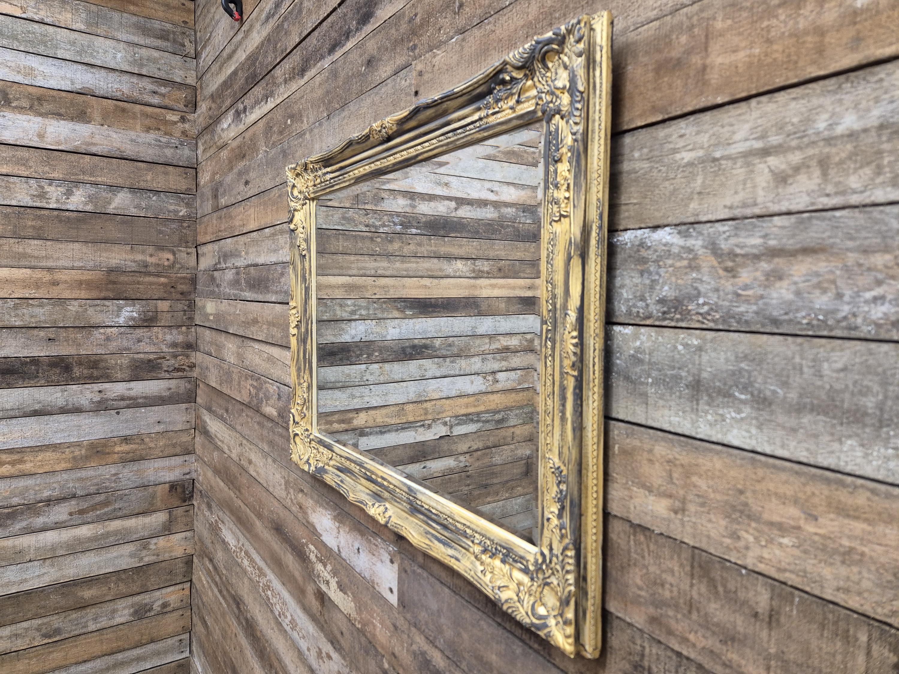 Vintage Distressed Gold & Black Framed Bevel Edged Over Mantle Wall Mirror