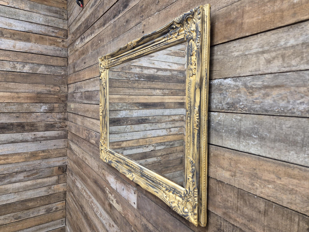 Vintage Distressed Gold & Black Framed Bevel Edged Over Mantle Wall Mirror