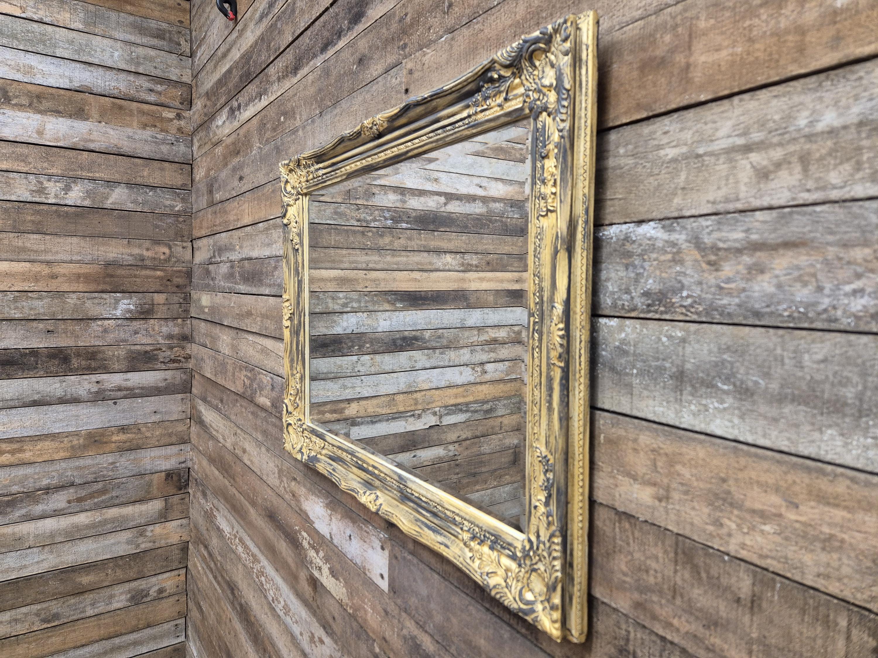 Vintage Distressed Gold & Black Framed Bevel Edged Over Mantle Wall Mirror