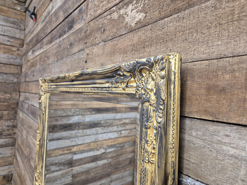 Vintage Distressed Gold & Black Framed Bevel Edged Over Mantle Wall Mirror