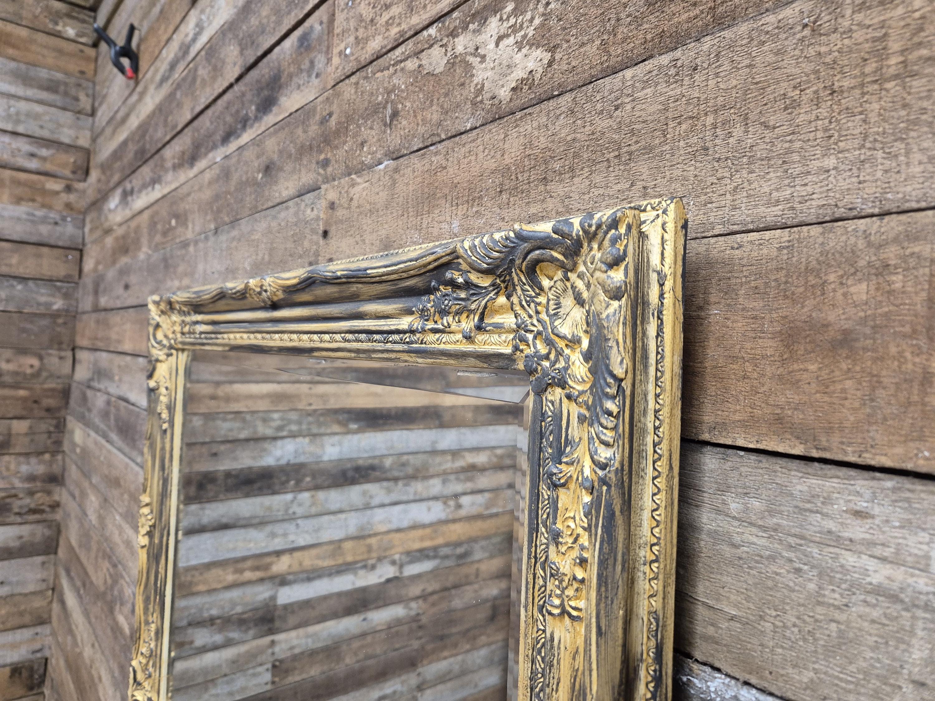 Vintage Distressed Gold & Black Framed Bevel Edged Over Mantle Wall Mirror