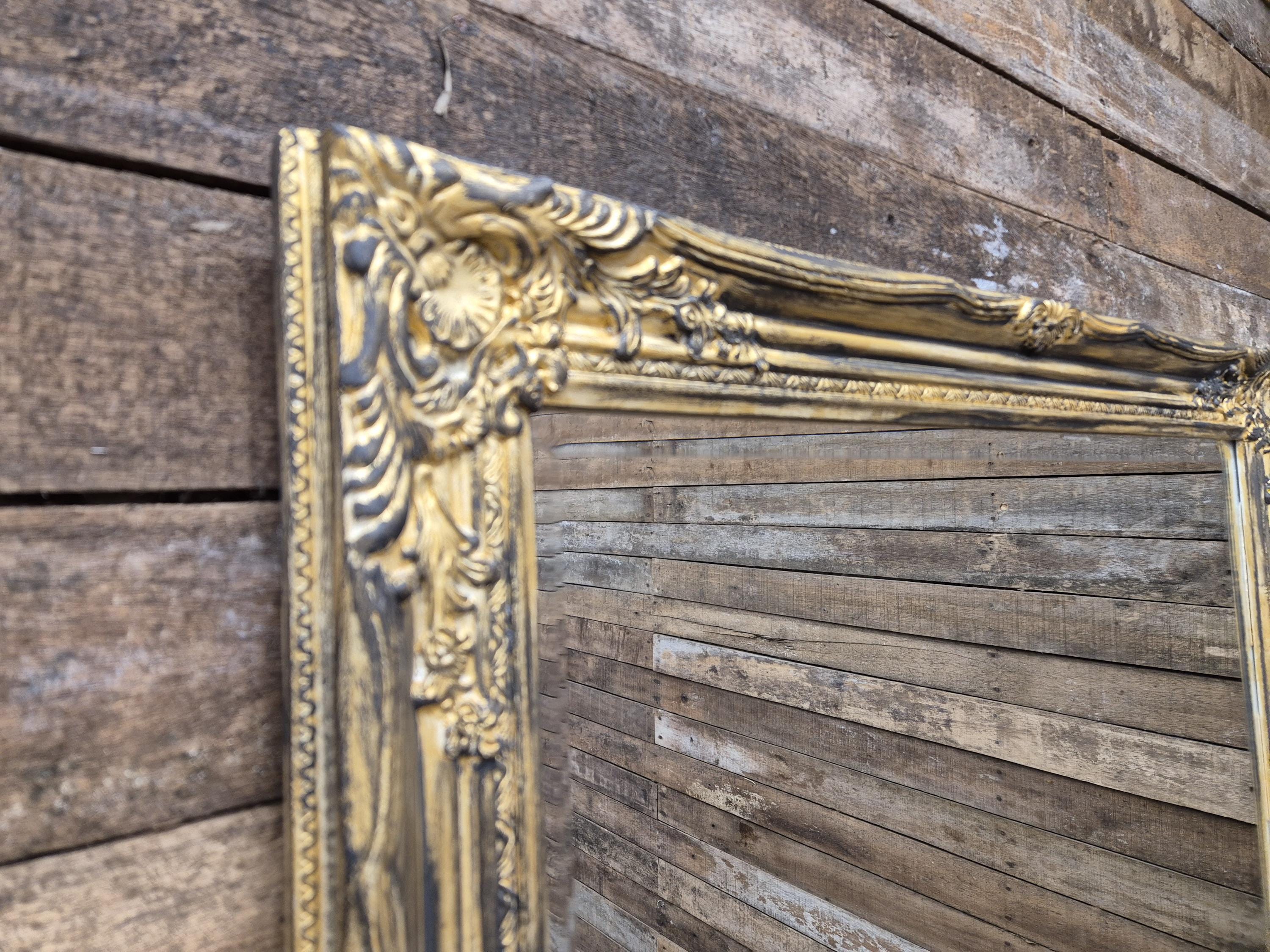 Vintage Distressed Gold & Black Framed Bevel Edged Over Mantle Wall Mirror