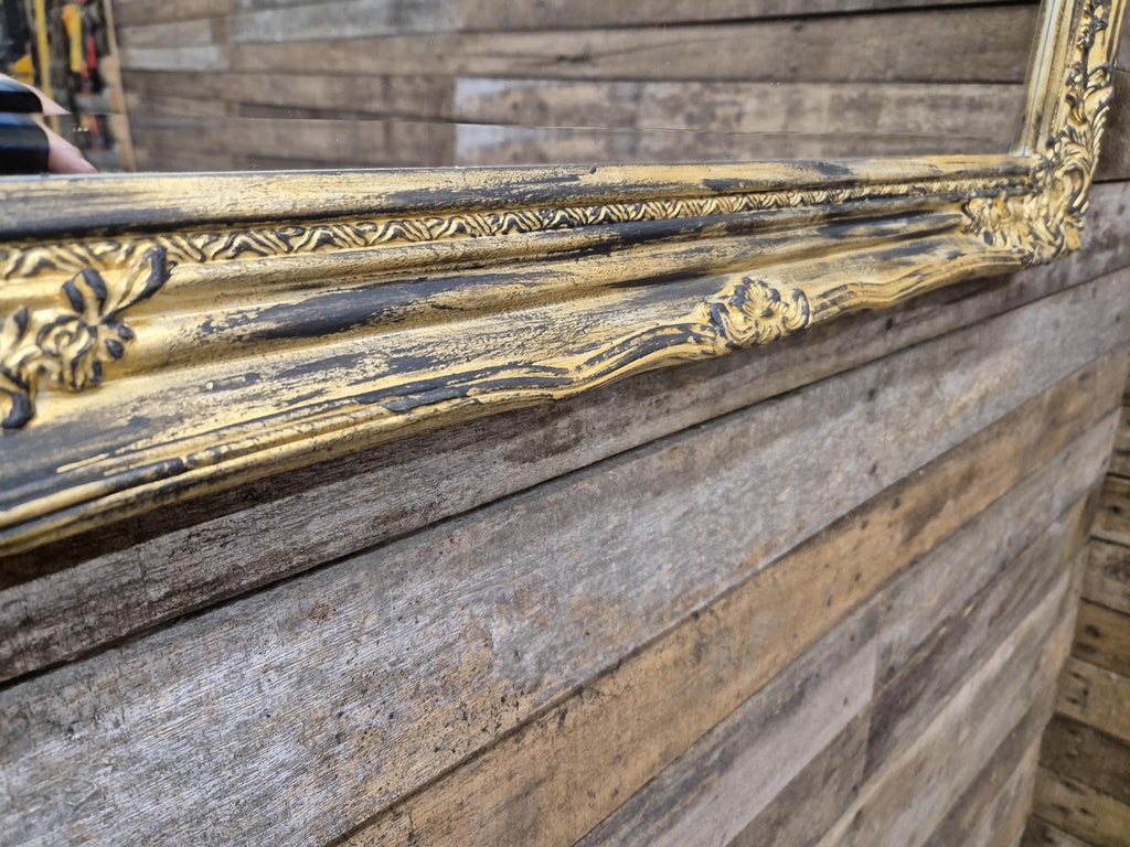 Vintage Distressed Gold & Black Framed Bevel Edged Over Mantle Wall Mirror