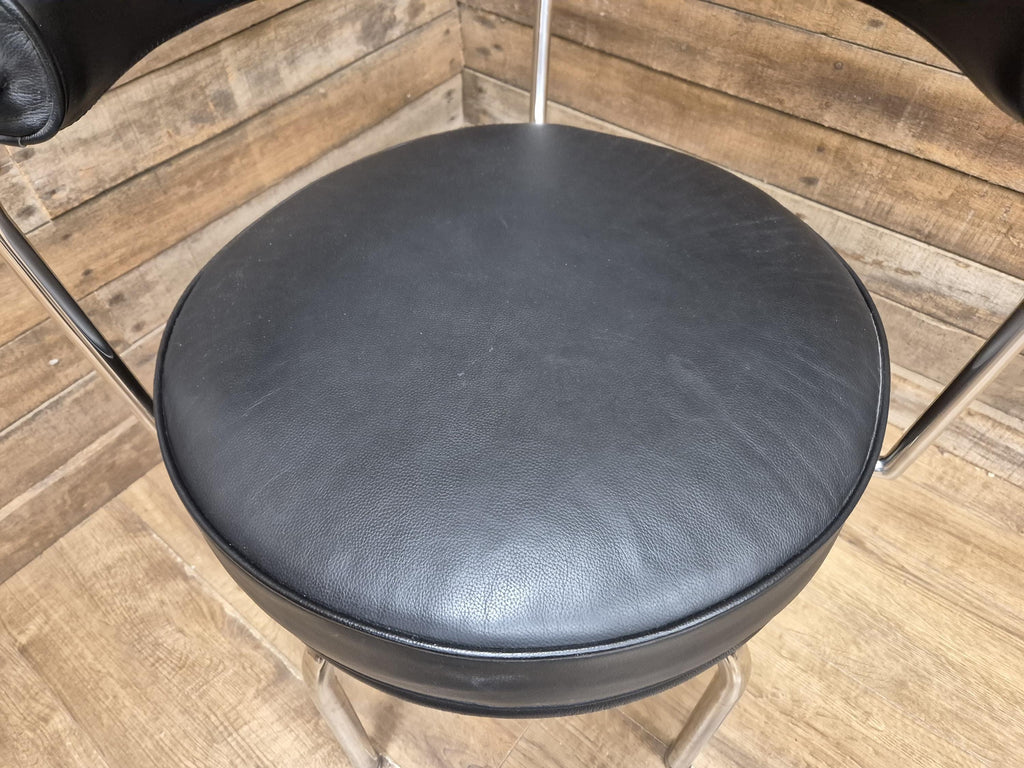 Mid Century Le Corbusier LC7 Repro Swivel Chair in Black Leather & Chrome