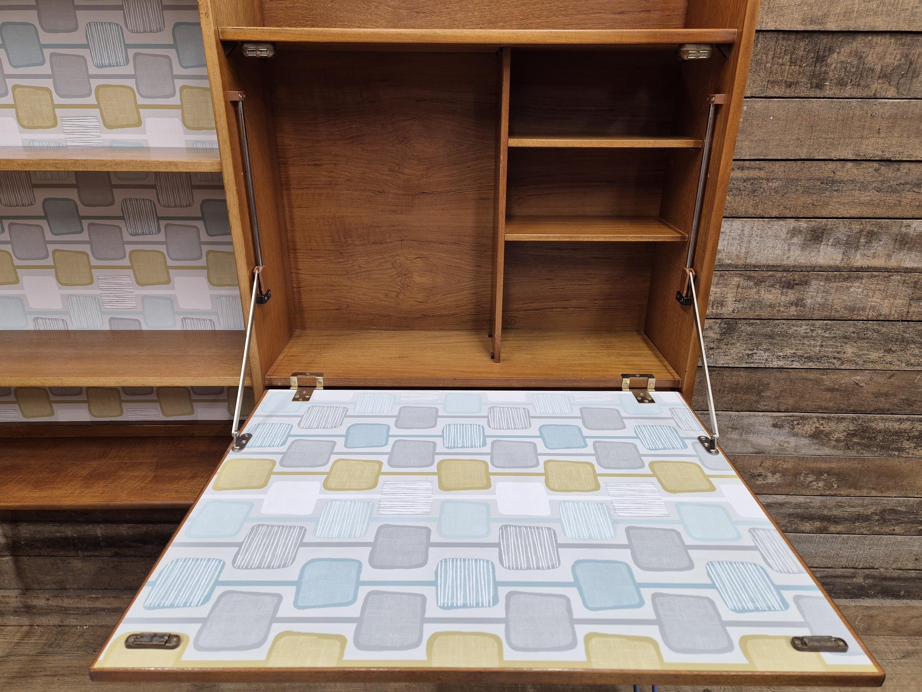 Remodelled William Lawrence Teak Bureau Bookcase with Hairpin Legs Retro Lining