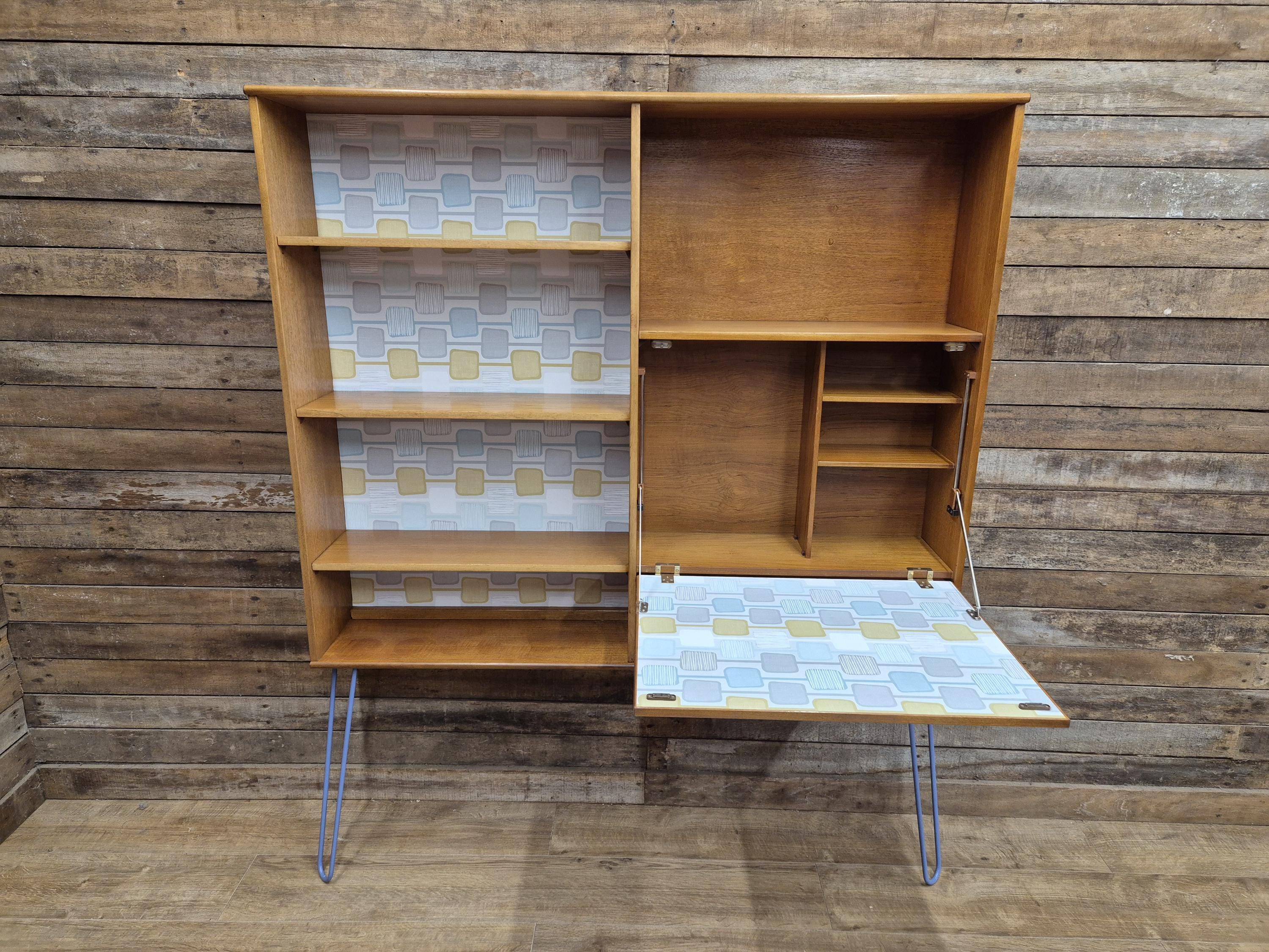 Remodelled William Lawrence Teak Bureau Bookcase with Hairpin Legs Retro Lining