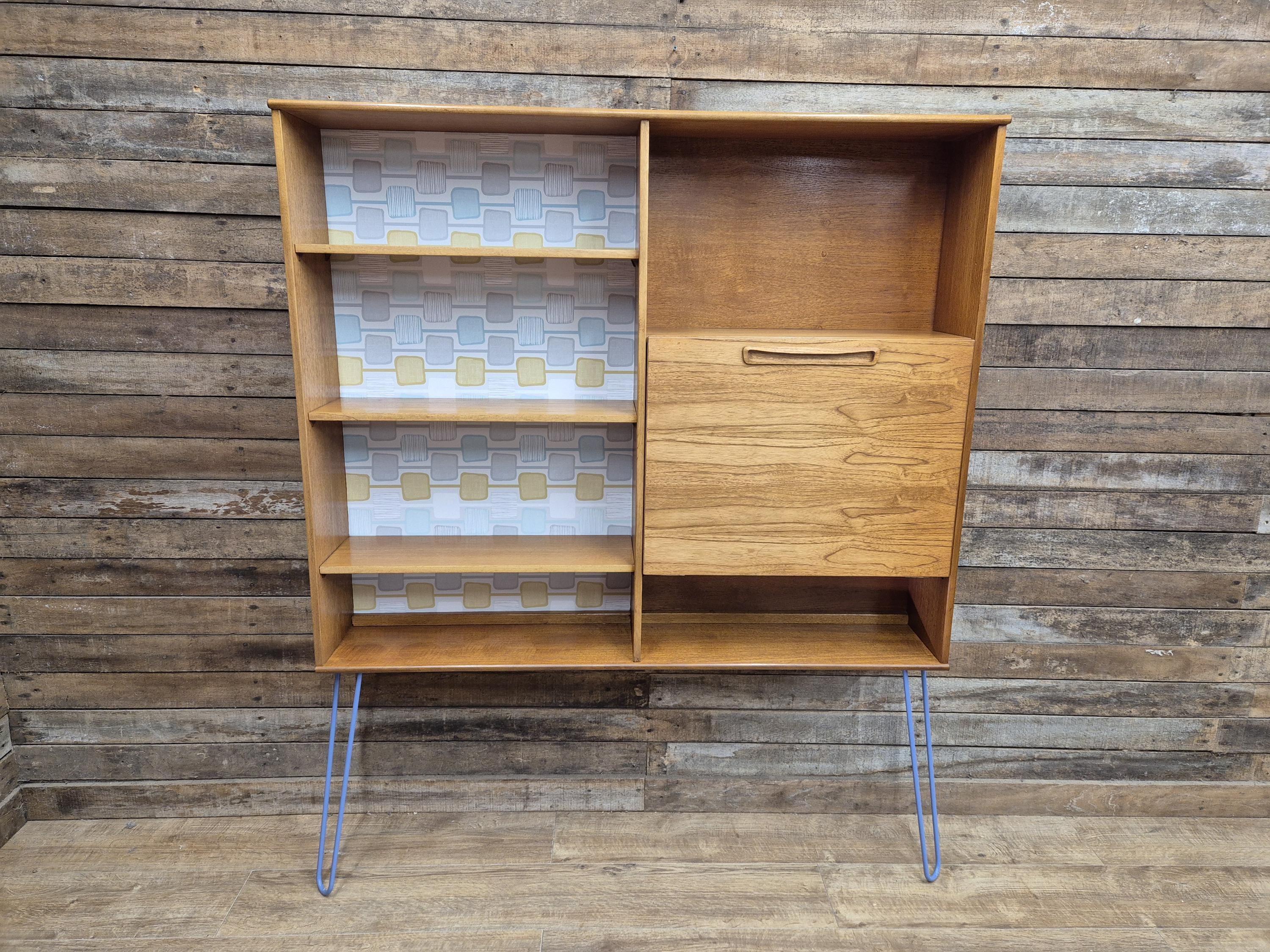 Remodelled William Lawrence Teak Bureau Bookcase with Hairpin Legs Retro Lining