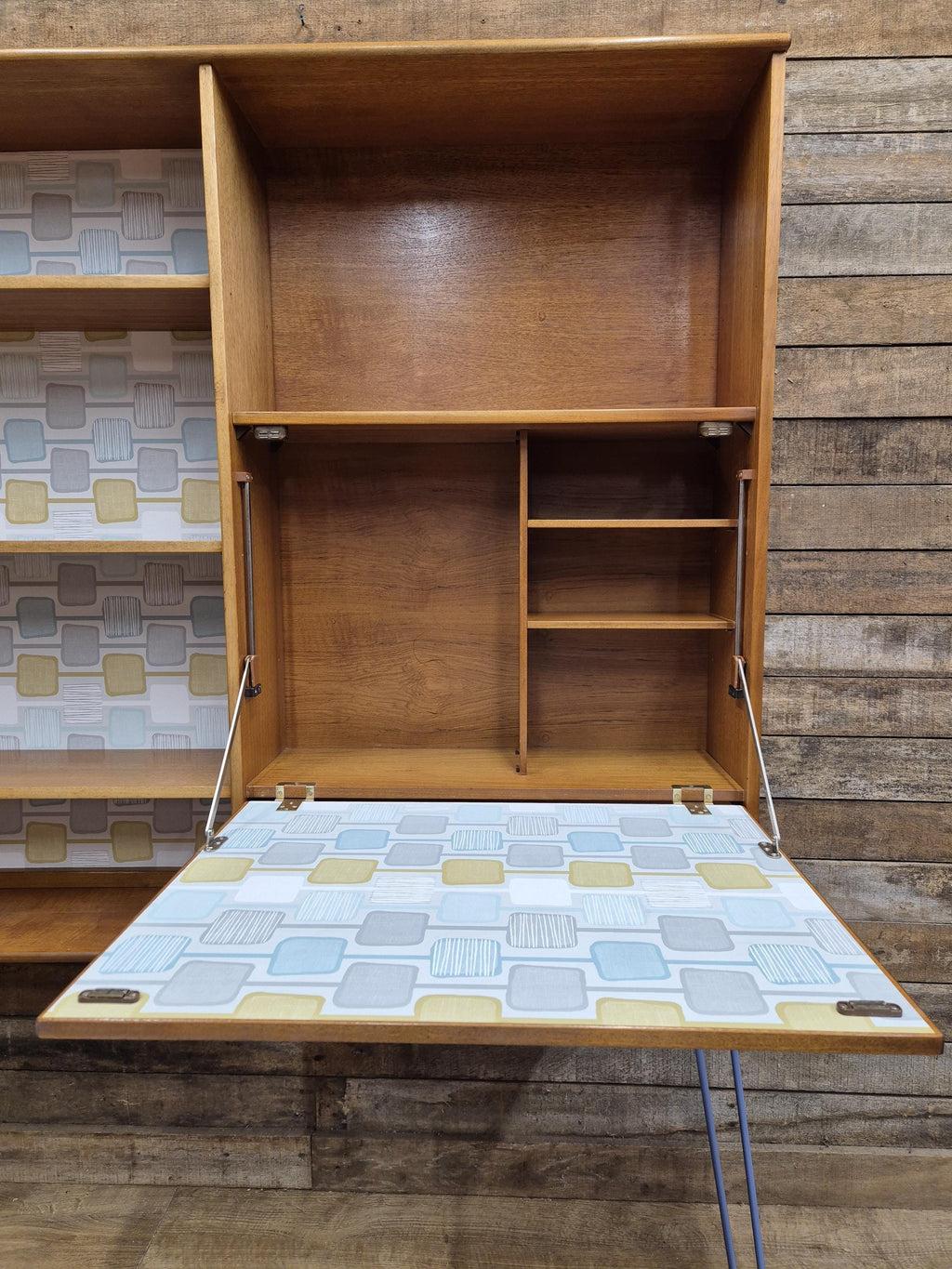 Remodelled William Lawrence Teak Bureau Bookcase with Hairpin Legs Retro Lining