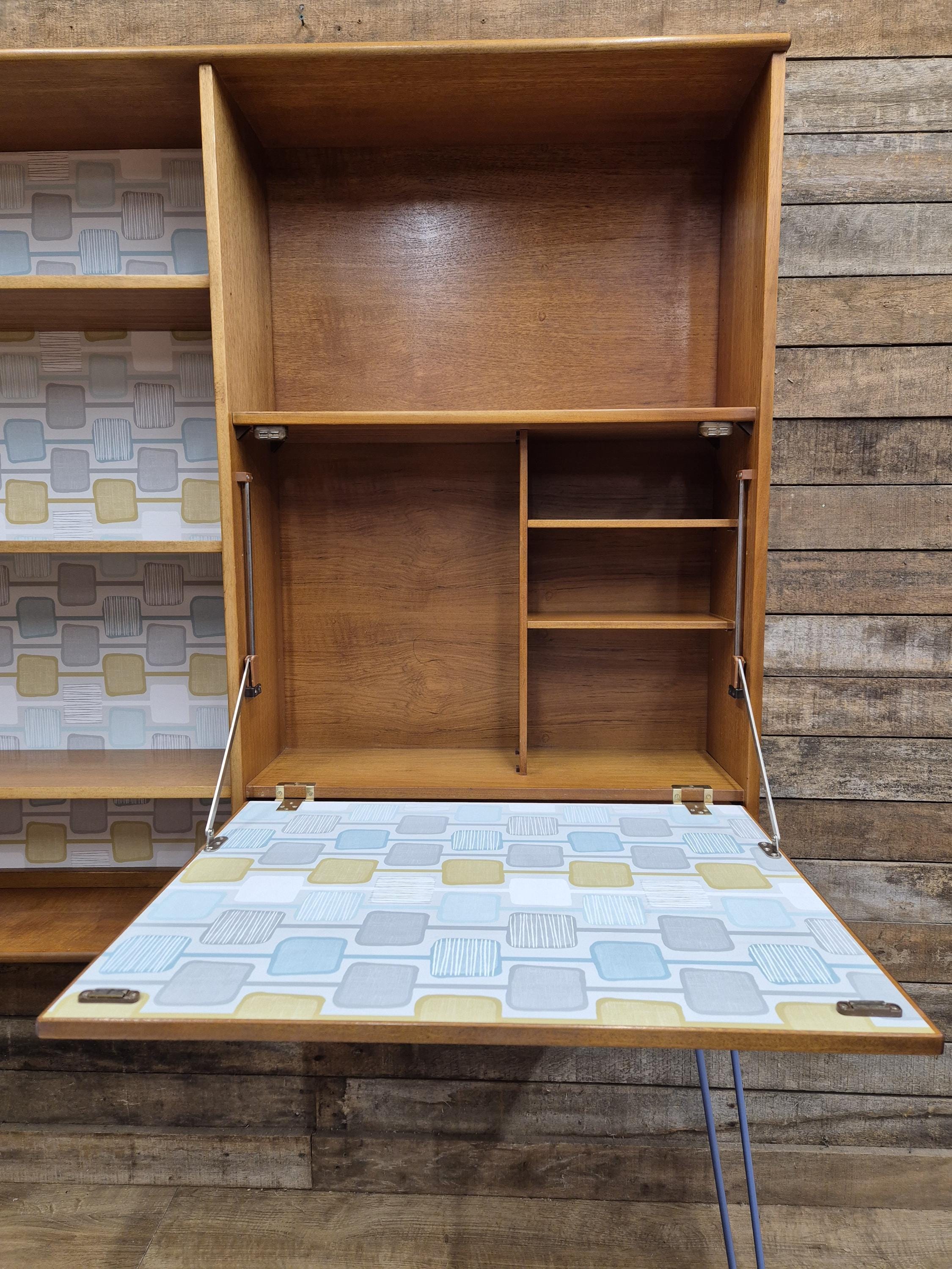 Remodelled William Lawrence Teak Bureau Bookcase with Hairpin Legs Retro Lining