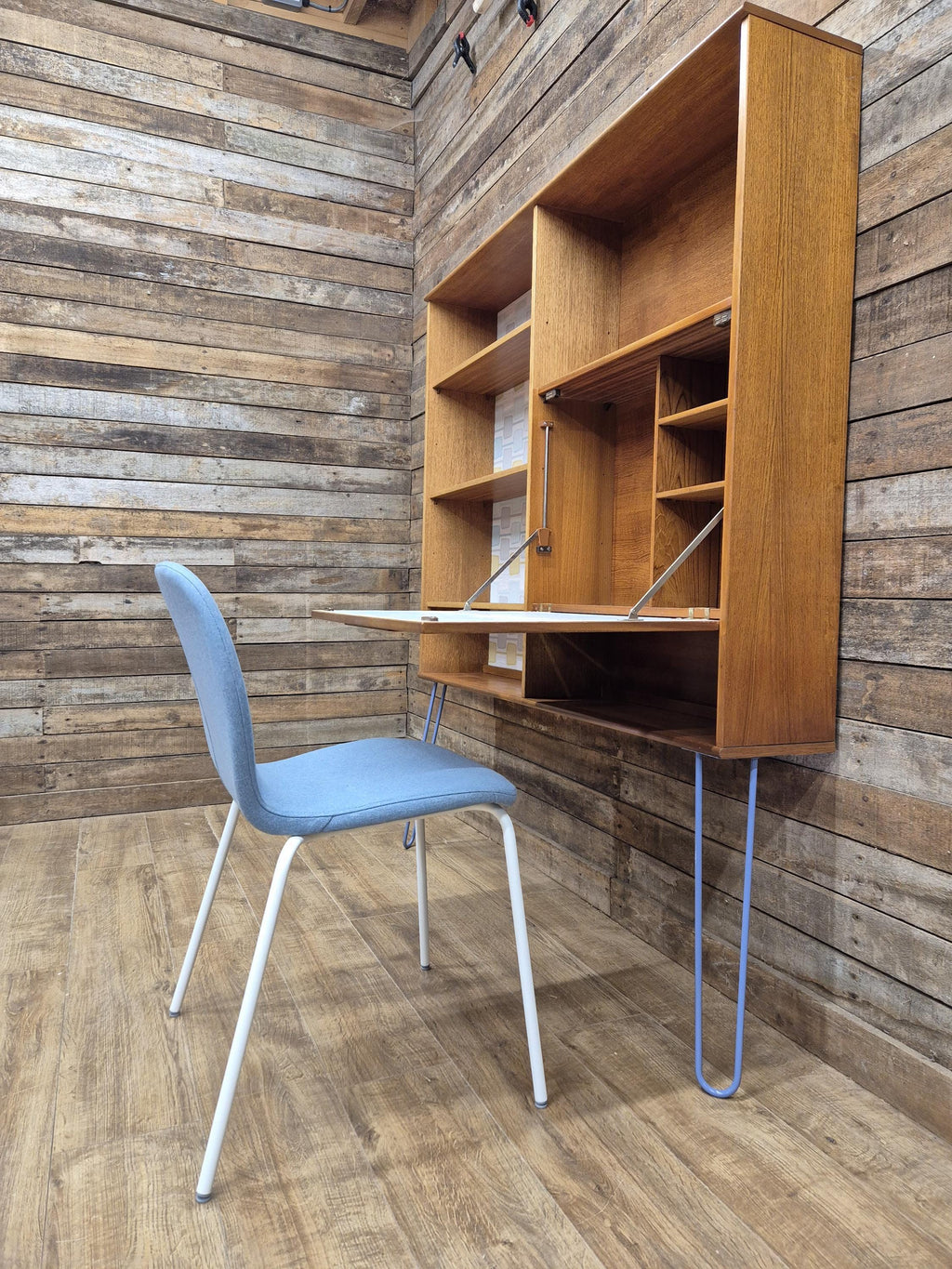 Remodelled William Lawrence Teak Bureau Bookcase with Hairpin Legs Retro Lining