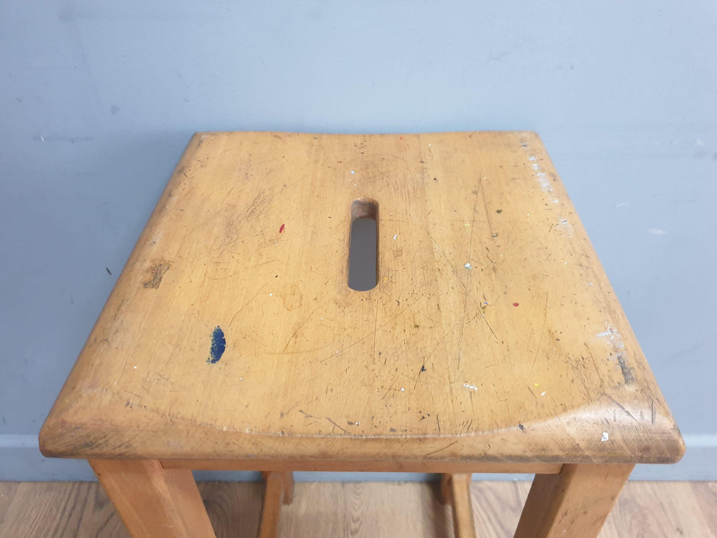 Pair of Vintage Old Blonde Wooden School Stool Lab Stool