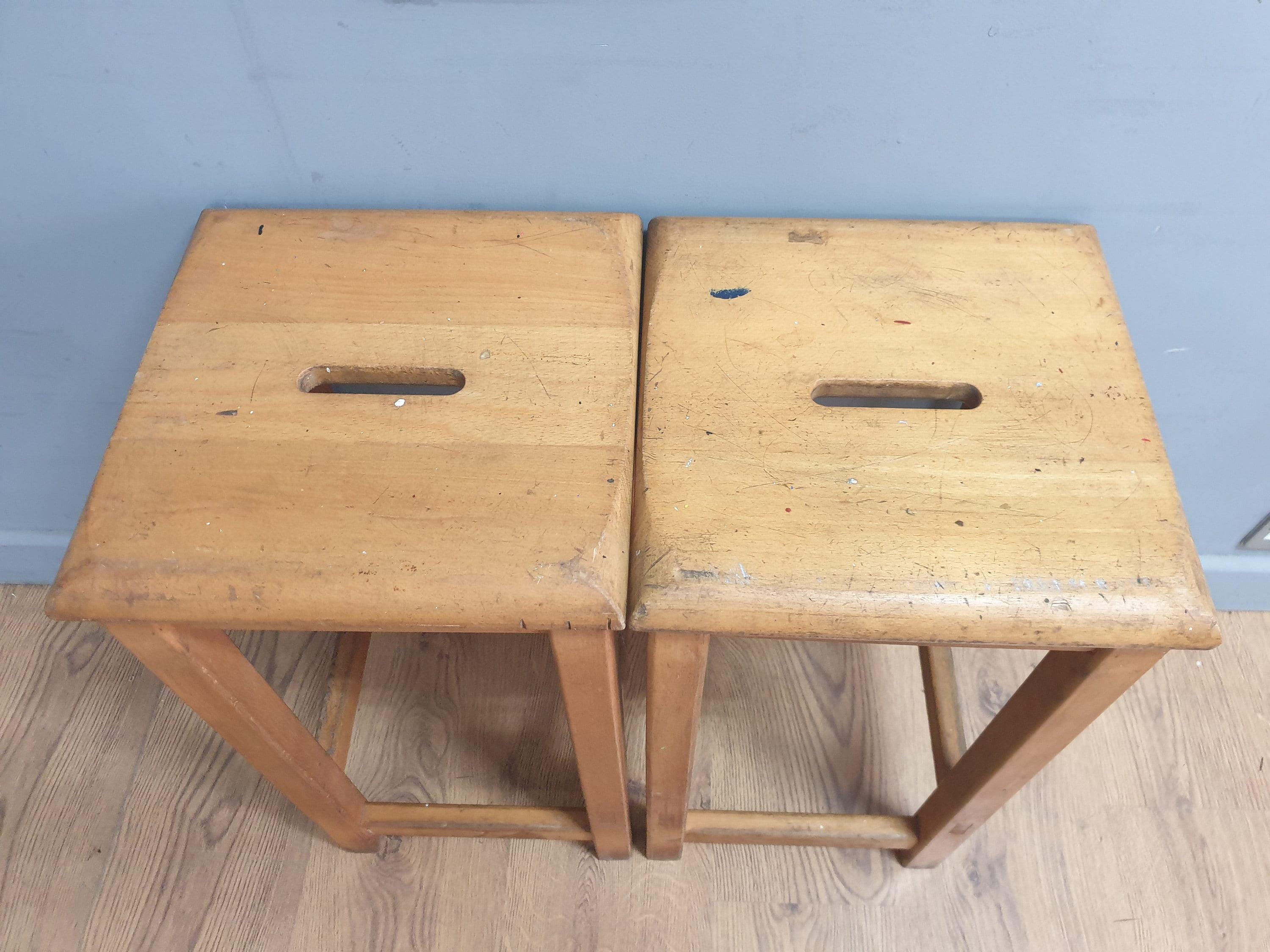 Pair of Vintage Old Blonde Wooden School Stool Lab Stool