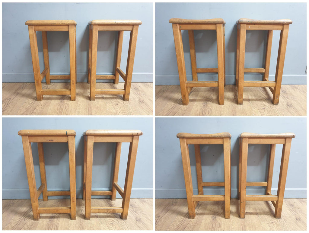 Pair of Vintage Old Blonde Wooden School Stool Lab Stool