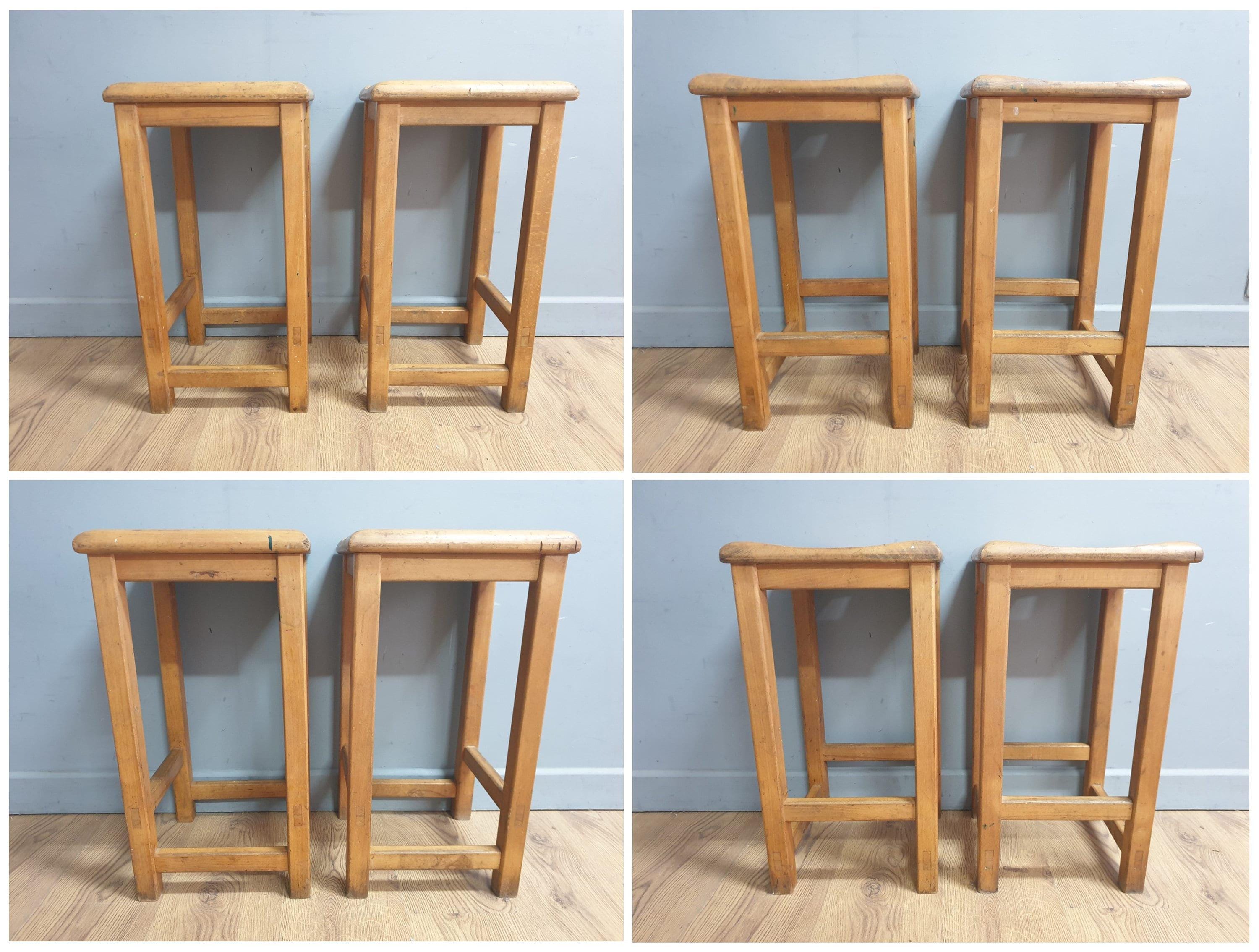 Pair of Vintage Old Blonde Wooden School Stool Lab Stool