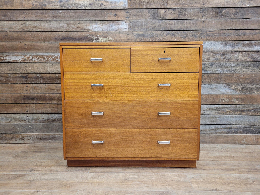 Mid Century M.O.D Industrial Teak Chest of Drawers 2 Over 3 Ex Military Storage