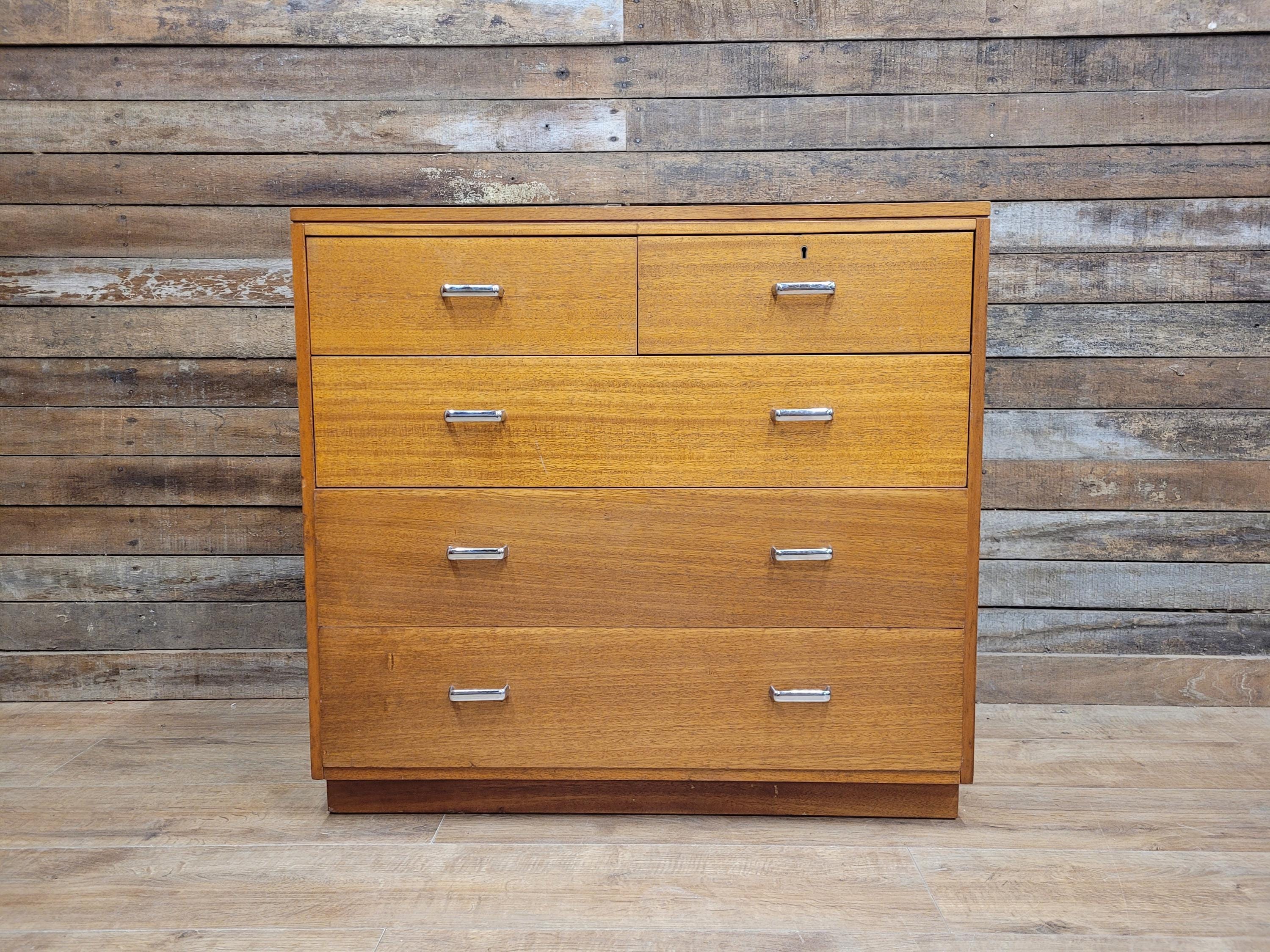 Mid Century M.O.D Industrial Teak Chest of Drawers 2 Over 3 Ex Military Storage