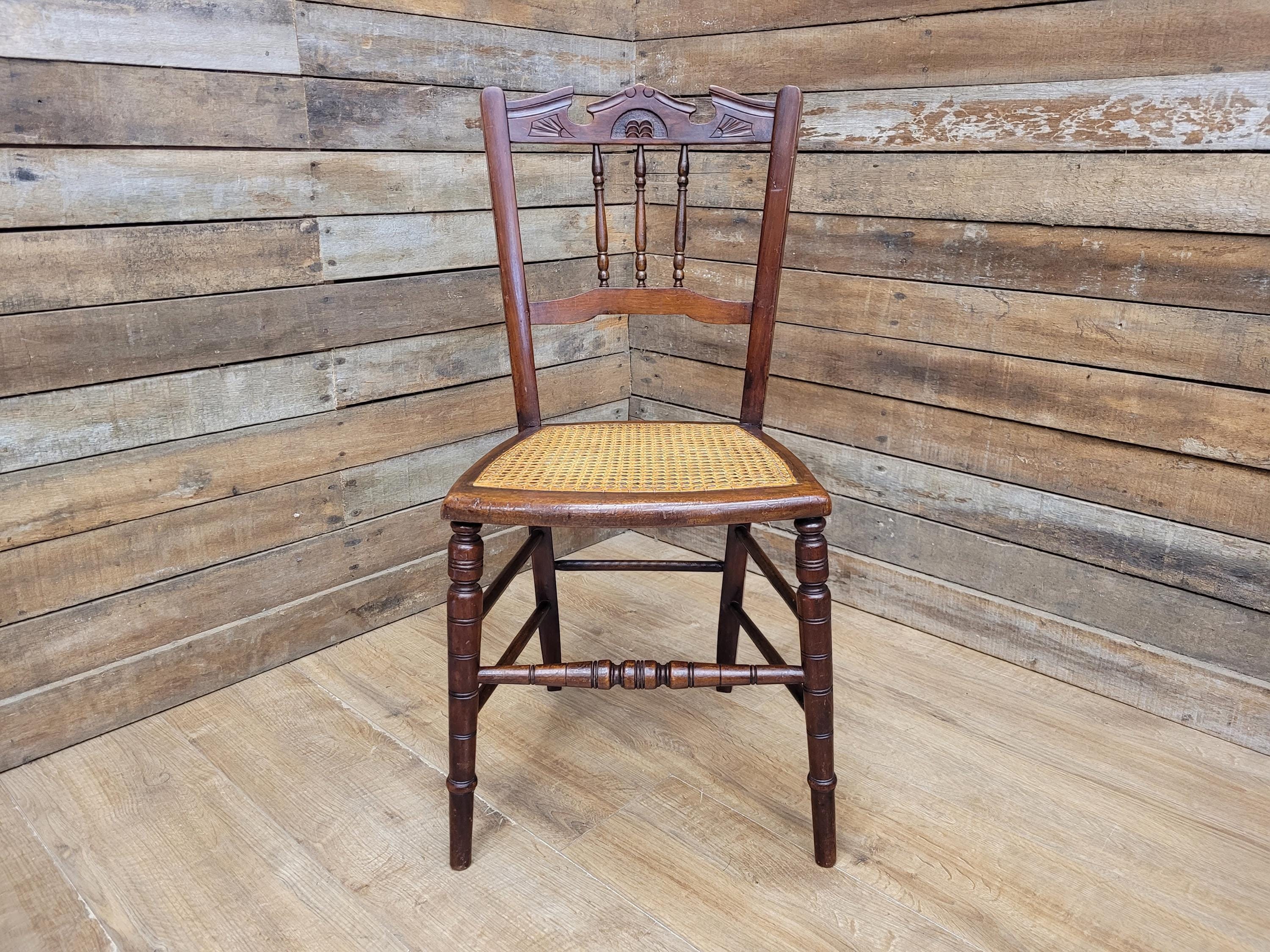Antique Mahogany Carved Spindle Back Bergere Rattan Seat Hall Bedroom Chair